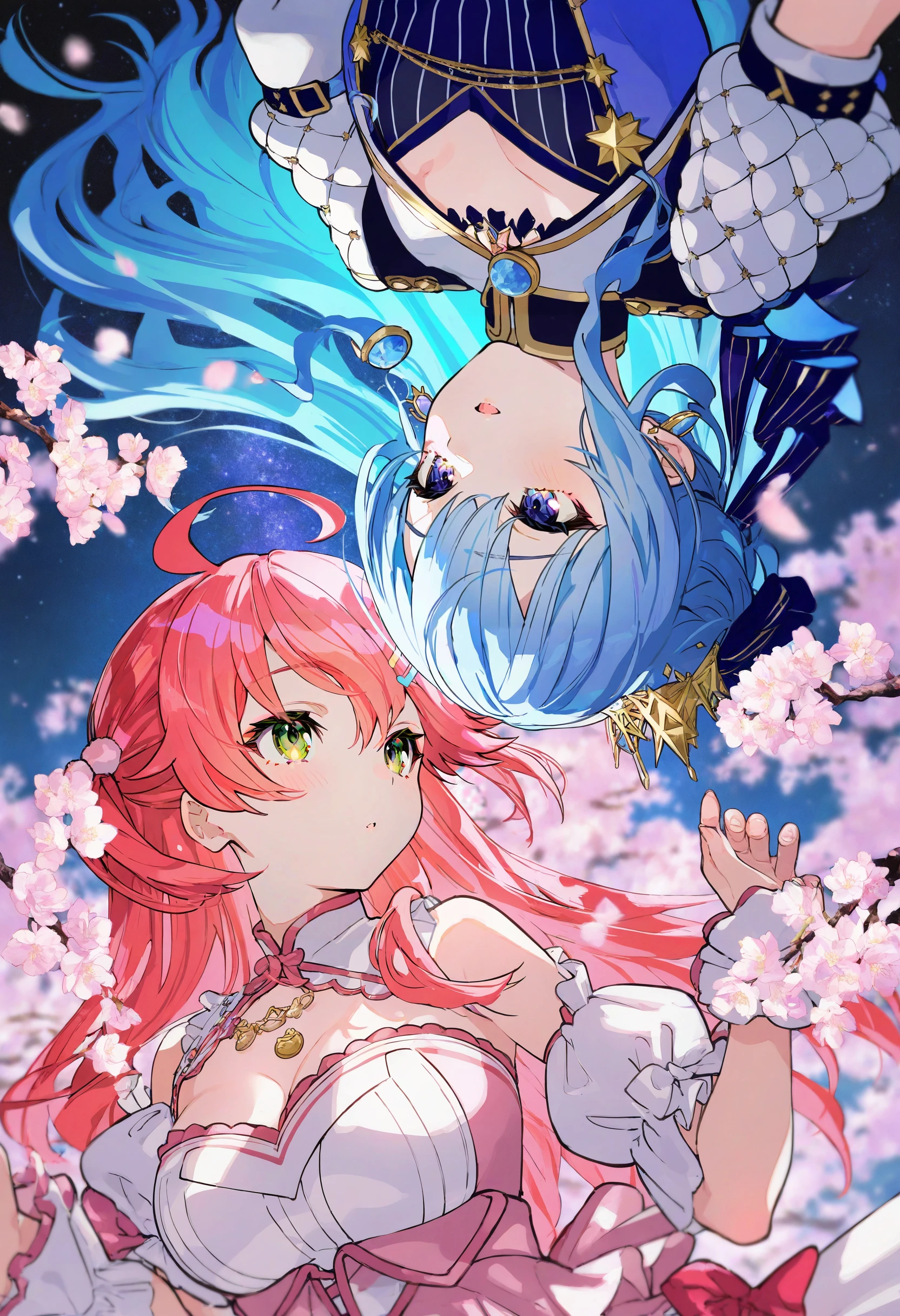 artist:[nobusawa osamu|yoneyama mai|fuzichoco|mika pikazo],
hoshimachi suisei \(stellar into the galaxy\), sakura miko \(flower fantasista!\), sakura miko, 2girls, blue hair, cherry blossoms, hoshimachi suisei, pink hair, pink dress, ahoge, sitting, white gloves, open mouth, tree, smile, starry sky, layered dress, night sky, blush, dappled sunlight, branch,
split theme, blue theme, pink theme, circle formation, rotational symmetry, 
masterpiece, best quality, very aesthetic, absurdres
<lora:noobai_vpred_1_masterpieces_v23:1>