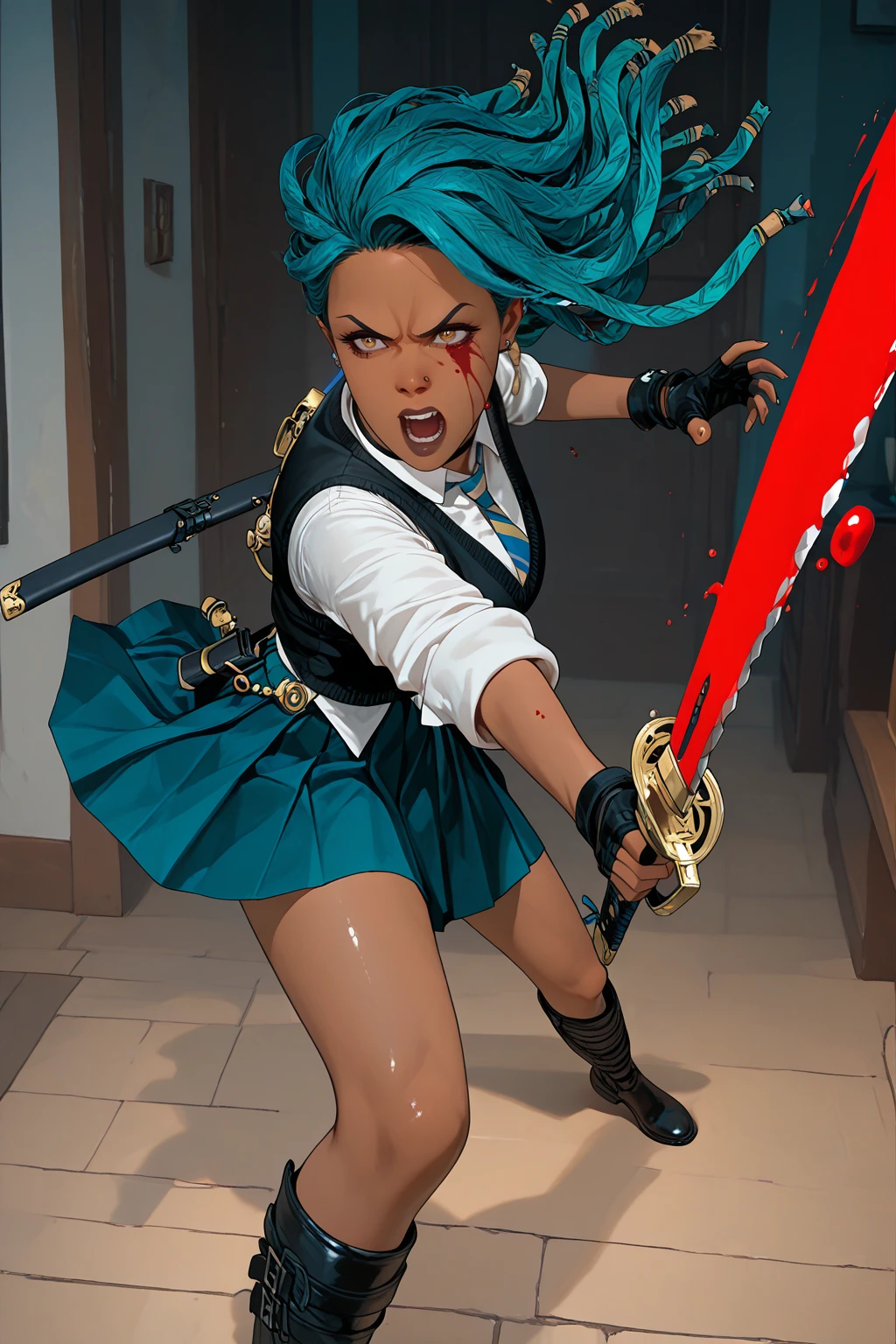 masterpiece, good quality, best quality, very awa, very as2, absurdres, highres, 3d
<lora:Samantha CainiIllustriousLoRA:1>samcain, dark skin, dreadlocks, long hair, nose piercing, collared shirt, vest, earrings, fingerless gloves, pleated skirt, necktie, knee boots, ear piercing, choker, sword sheath, holding sword, dynamic pose, fighting stance, angry, open mouth, blood on face, blood, slashing, old house, dark, creepy