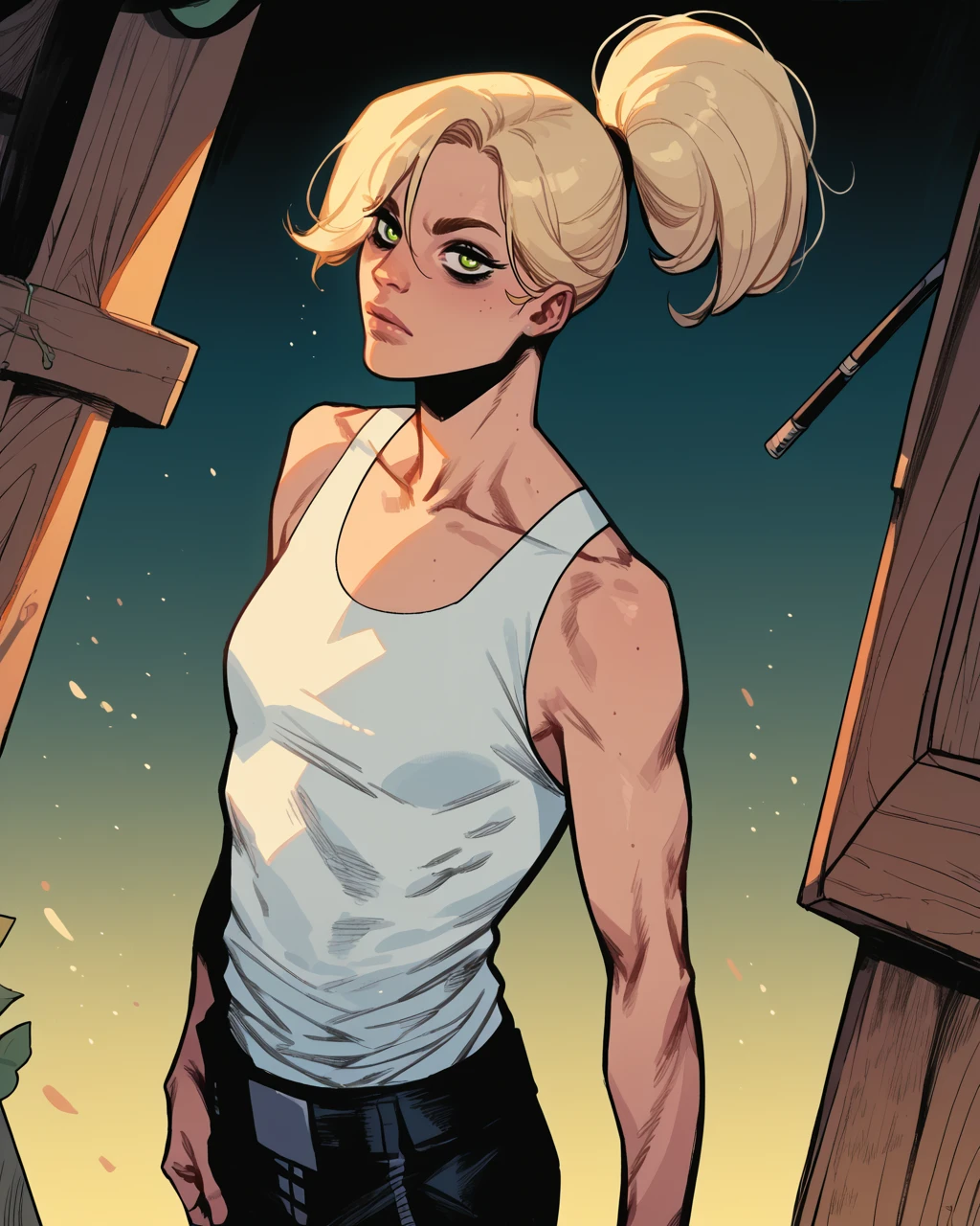 score_9, score_8_up, score_7_up, score_6_up, masterpiece, best quality, zPDXL3, zPDXLxxx, solo, <lora:EricaSlaughterPDXL_byKonan:1> ericaslaught, blonde hair, green eyes, ponytail, white tank top, pants, <lora:Pepe_Larraz_Style:1> larraz,