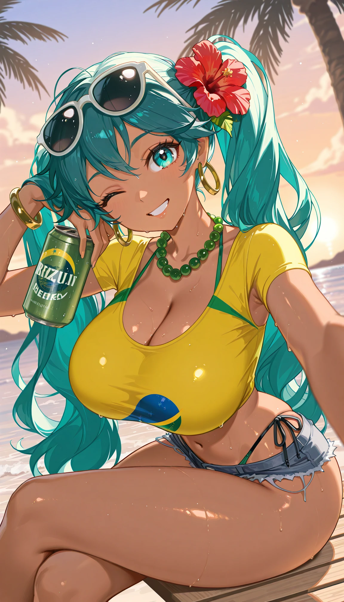 masterpiece, best quality, amazing quality, very aesthetic, high resolution, ultra-detailed, absurdres, newest, scenery, 1girl, (brazilian miku:1.2), cute, dark-skinned female, huge breasts, narrow waist, curvy, busty, cleavage, wide hips, huge ass, huge butt, thick thighs, aqua hair, (messy wavy hair:1.2), long twintails, (red hibiscus in hair:1.2), (white-framed sunglasses on head:1.3), (shiny aqua eyes:1.3), big eyes, looking at viewer, (winking:1.2), one eye closed, crop top short sleeve yellow shirt, shoulder, collarbone, (taut wet brazilian flag print shirt:1.2), navel, blue (lowleg:1.2) denim short shorts, dark blue side-tie highleg thong bikini under clothes, (brazillian flag color bead necklace:1.3), hoop earrings, hoop bracelet, grin, hand in hair, green beer can, holding can, giving beer can to viewer, armpit visible from sleeve, sitting on wood beach chair, twisty pose, crossed legs, head tilt, from side, leaning forward, pov, sweat, wet, shiny skin, light blush, under palm tree, beach, orange sky, cloud, dappled sunlight, sunset, detailed background, dutch angle, back light, rim light, (face focus, close-up:1.2), upper body, BREAK, eyes, lips, dramatic shadow, depth of field, volumetric lighting