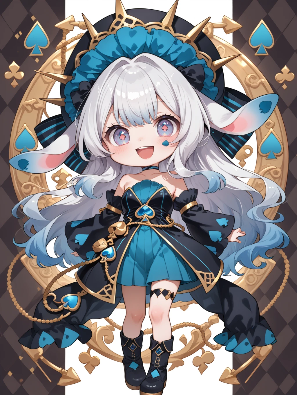 (score_9:0.9),score_8_up,score_7_up,rating_safe,(zPDXL),
malice pawn march hare, 1girl, solo, open mouth, smile, chibi, rabbit ears, looking at viewer, blush, full body, black boots, black choker, black detached sleeves, black headdress, black strapless dress, blue spades facial mark, spade-shaped pupils, argyle background,
<lora:MALICE Pawn March Hare ponyXL v1:0.7>,