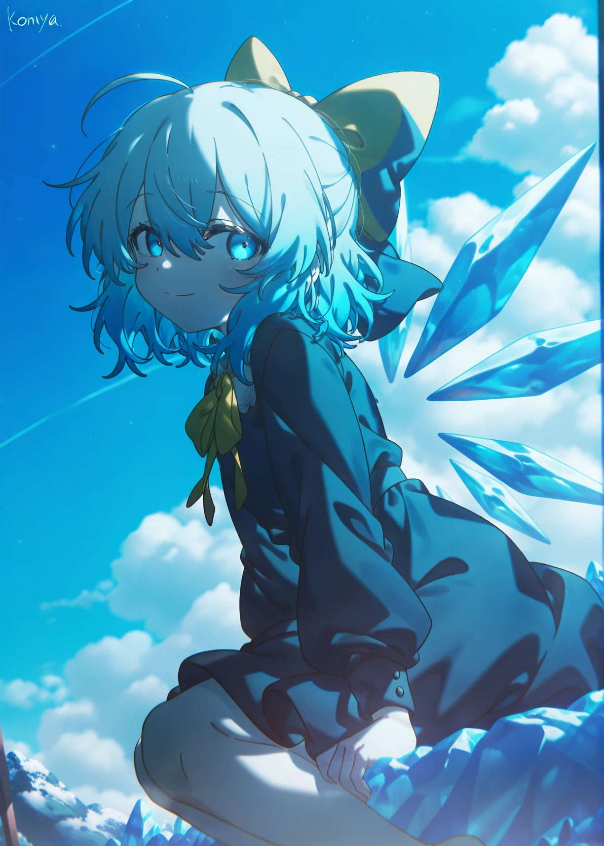 1girl,solo,cirno,wings,bow,blue hair,sitting,dress,sky,hair bow,ahoge,ice wings,short hair,blue eyes,looking at viewer,ribbon,star (symbol),ice,neck ribbon,bangs,puffy sleeves,from side,long sleeves,closed mouth,outdoors,hair between eyes,alternate costume,cloud,bowtie,blue bow,artist name,smile,star (sky),yellow bow,blue dress,black dress,barefoot,yellow bowtie,looking to the side,(konya_karasue:3),, masterpiece,best quality,amazing quality,very aesthetic,absurdres,newest,sceneryï¼masterpiece, best quality, amazing quality, very aesthetic, absurdres, newest,