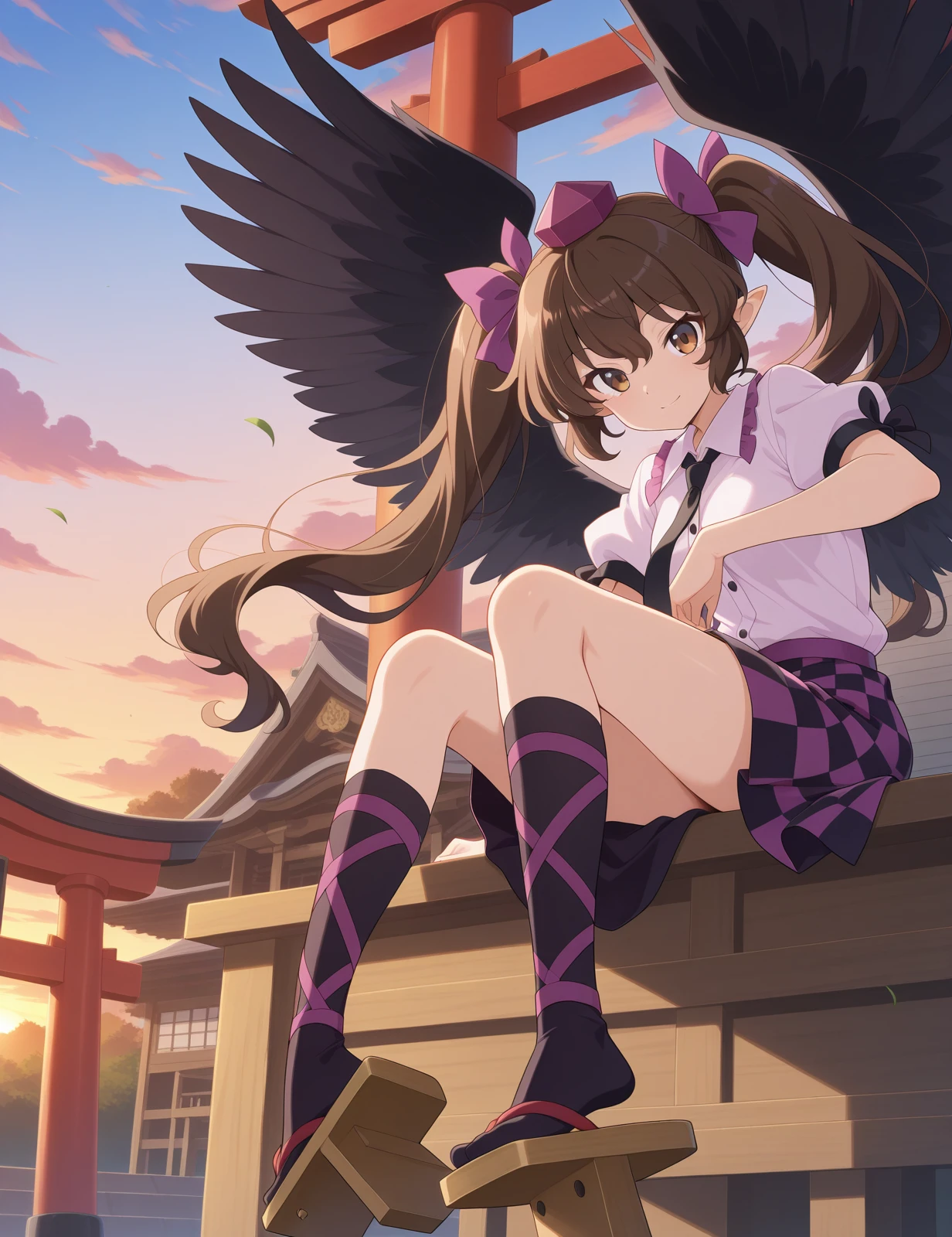 absurdres, highres, masterpiece, best quality, amazing quality, official anime artwork, screencap, anime screencap, outdoors, looking at viewer, light smile, dynamic pose,
<lora:Hatate-Himekaidou_Illustrious:1> himekaidou hatate, 1girl, solo, brown eyes, brown hair, twintails, long hair, pointy ears,, tokin hat, hair ribbon, black necktie, white shirt, short sleeves,  checkered skirt, black socks, geta, black wings, torii, hakurei shrine, sunset, sitting,