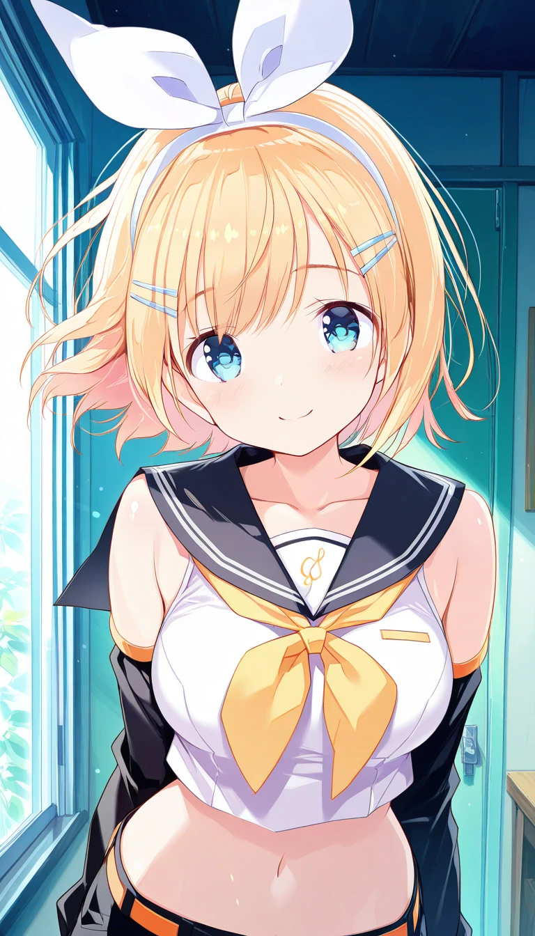 (masterpiece),best quality,amazing quality,very aesthetic,absurdres,newest,perfect body,shiny skin,perfect eyes,detail1eye,well-defined fingers,well-defined fingernails,anime style,indoors,1girl,solo,upper body,(portrait:1.5),looking at viewer,facing viewer,smile,blush,Kimishima Ao style,kagamine rin,short hair,blonde hair,floating hair,white hairband,hair bow,white bow,hairclip,swept bangs,blue eyes,collarbone,bare shoulders,black sailor collar,white shirt,sleeveless shirt,crop top,midriff,yellow neckerchief,black sleeves,detached sleeves,medium breasts,navel,stomach,orange belt,fringe,short shorts,black shorts,leg warmers,white footwear,<lora:Kagamine Rin(voc)-Illus-Remake:1.6>,<lora:Kimishima Ao[style]-Illus:1.8>,