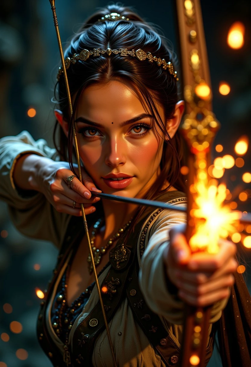 Unfazedfantasii
A mystical woman with a serene expression,
epic fantasy movie still, closeup portrait, photograph, archery, a beautiful elf woman aiming a bow and arrow, the bow weapon is glowing with gold magic and glowing runes, dark cave background, cinematic realism, high action pose, perfect pupils, insanely detailed faces, correct digits, realistic skin, intricately detailed, dimly lit, perfect eyes, perfect pupils, expressive eyes, texture,
There are floating golden embers and fire sparks adding to the magical atmosphere. The art style is highly detailed, cinematic, and fantasy-inspired, with a focus on dramatic lighting, soft glows, and a slightly dark, mystical mood.