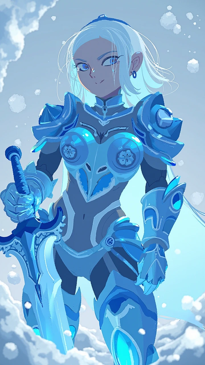 art by torikun, A woman with icy blue armor, holding a sword made of pure ice. Her breath turns to mist as snowflakes swirl around her.