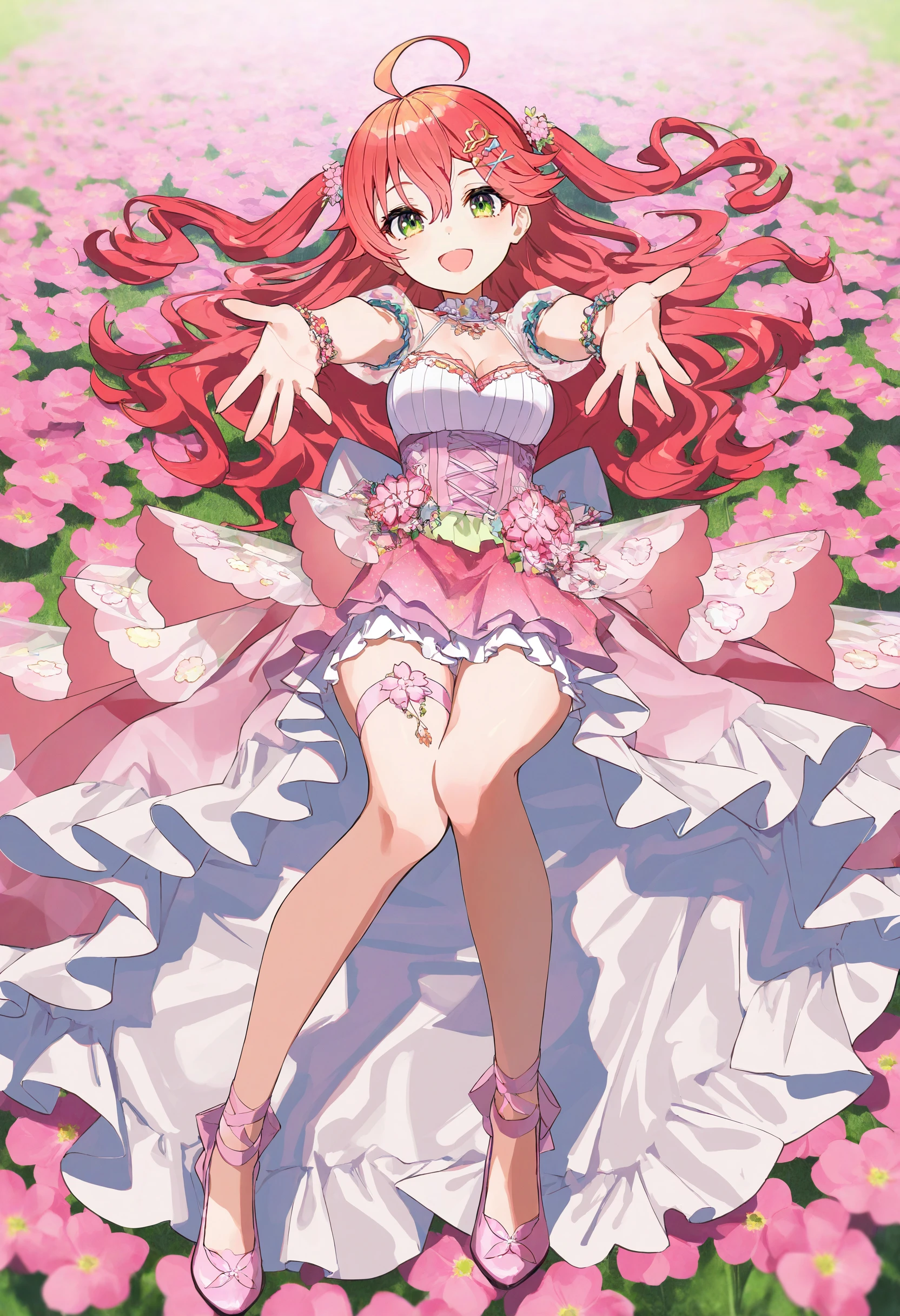 artist:[diyokama|say hana|yoneyama mai|lam \(ramdayo\)|fuzichoco|kinta \(distortion\)|mika pikazo],
sakura miko \(flower fantasista!\), 1girl, sakura miko, green eyes, pink hair, solo, pink dress, ahoge, on back, long hair, open mouth, looking at viewer, pink footwear,  full body, tiara, leg ribbon, blush, outstretched arms, reaching towards viewer, two side up, high-low skirt, floral background, dress flower, cleavage, wavy hair, puffy short sleeves, x hair ornament, see-through sleeves, floral print, medium breasts, knees together feet apart, overskirt, pink skirt, pink flower, frilled dress, bracelet, shoes, ankle strap, :d, hairclip, corset, 
pink theme, flower field,
masterpiece, best quality, very aesthetic, absurdres
<lora:noobai_vpred_1_masterpieces_v23:1>