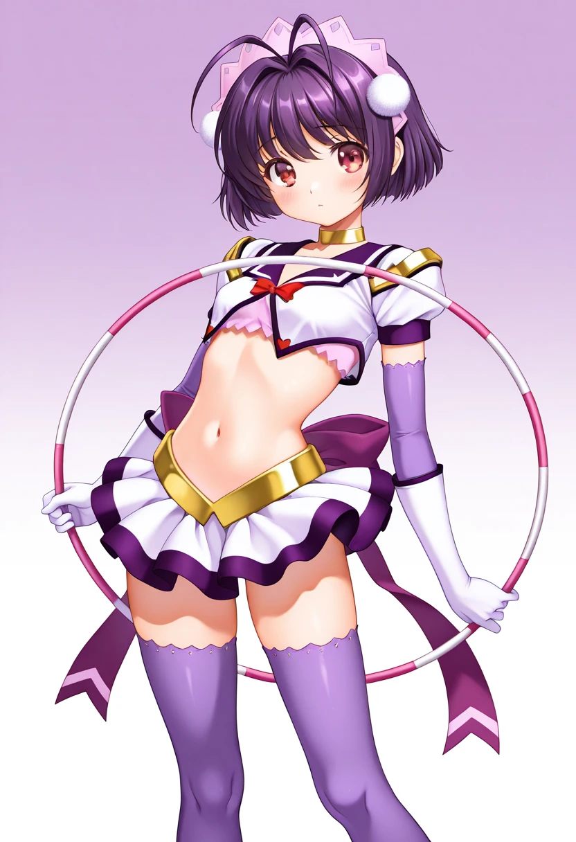 <lora:sweet_kiss_ill_v1.0:1>,SweetKiss,short hair,antenna hair,peuple hair,
crop top,skirt,headdress,back bow,purple thighhighs,purple elbow gloves,choker,white gloves,
1girl,
standing, holding hoop,hula hoop,
gradient background,, masterpiece,best quality,amazing quality,very aesthetic,absurdres,textless version,