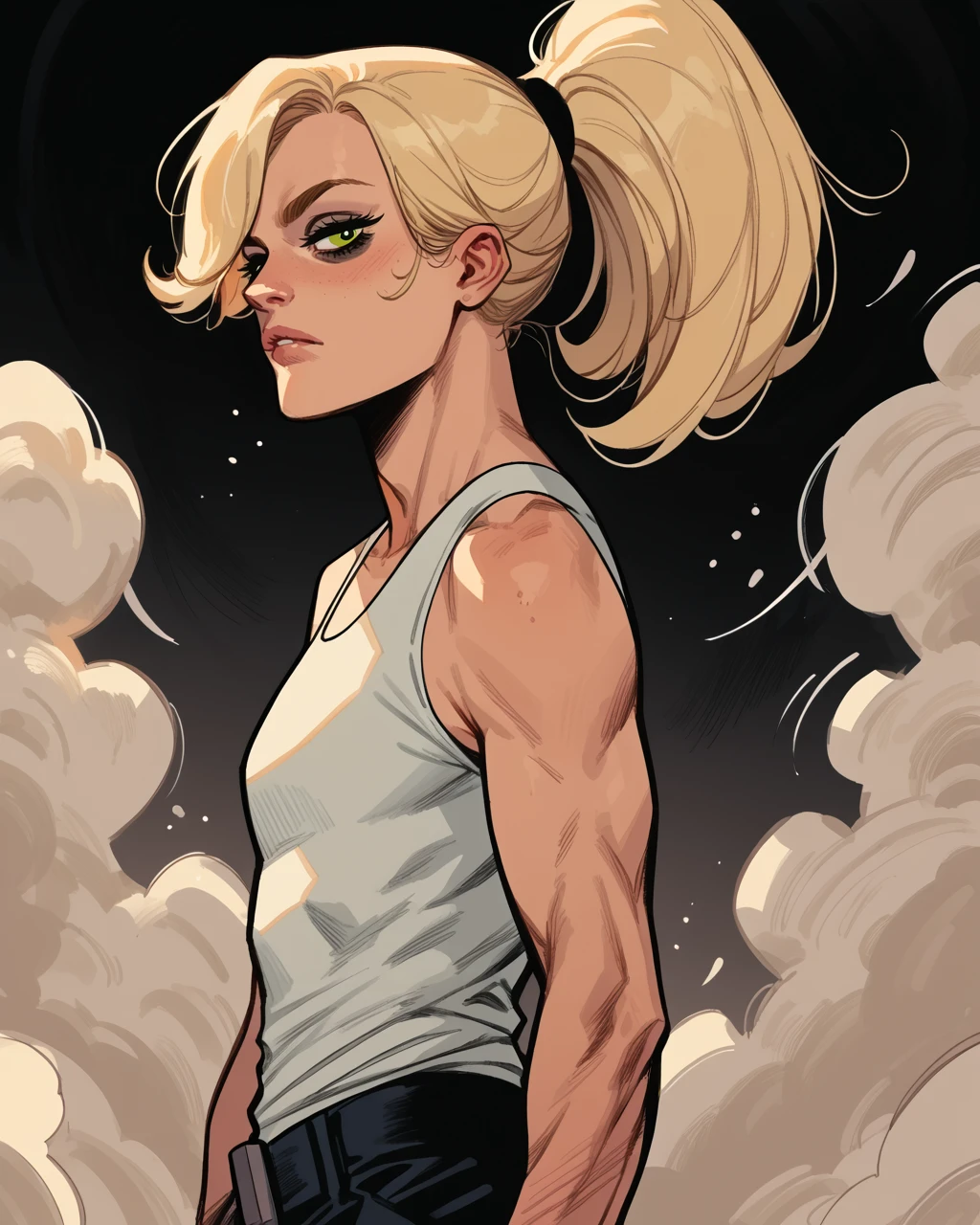 score_9, score_8_up, score_7_up, score_6_up, masterpiece, best quality, zPDXL3, zPDXLxxx,  solo,    <lora:EricaSlaughterPDXL_byKonan:1> ericaslaught, blonde hair, green eyes, ponytail, white tank top, pants,   <lora:Pepe_Larraz_Style:1> larraz,