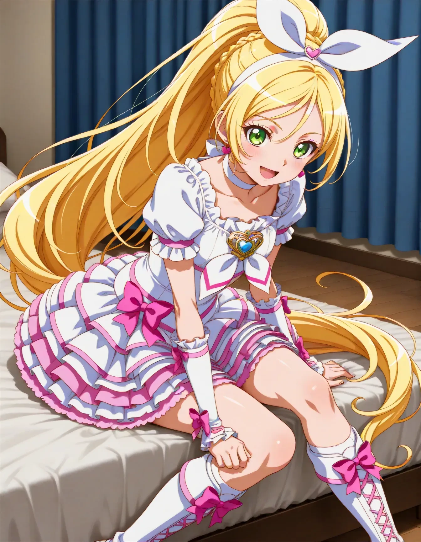 1girl,<lora:dmd2_sdxl_4step:1>,official style,masterpiece,best quality,newest,absurdres,highres,very awa,Anime,anime coloring,anime screencap,<lora:cure_rhythm_V1:1>,cure rhythm,solo,blonde hair,ponytail,very long hair,braid,eyelashes,green eyes,white dress,puffy short sleeves,frilled sleeves,white choker,ribbon choker,brooch,white neckwear,heart earrings,hair bow,white bow,white hairband,wrist cuffs,arm warmers,hair ornament,pink bow,white skirt,frilled skirt,layered skirt,knee boots,white footwear,cross-laced footwear,smile,open mouth,blush,playing_games,bedroom,