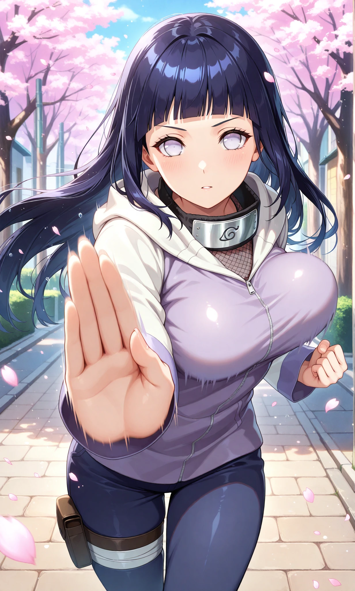 beautiful detailed eyes, masterpiece, best quality, intricate details, absurdres, 1girl, solo, street, outdoors, cherry blossoms, cowboy shot, shiny skin, standing, looking at viewer, hyuuga hinata, konohagakure symbol, long hair, blunt bangs, byakugan, forehead protector, white eyes, fishnet top, no pupils, around neck, hoodie, hood down, blue pants, thigh pouch