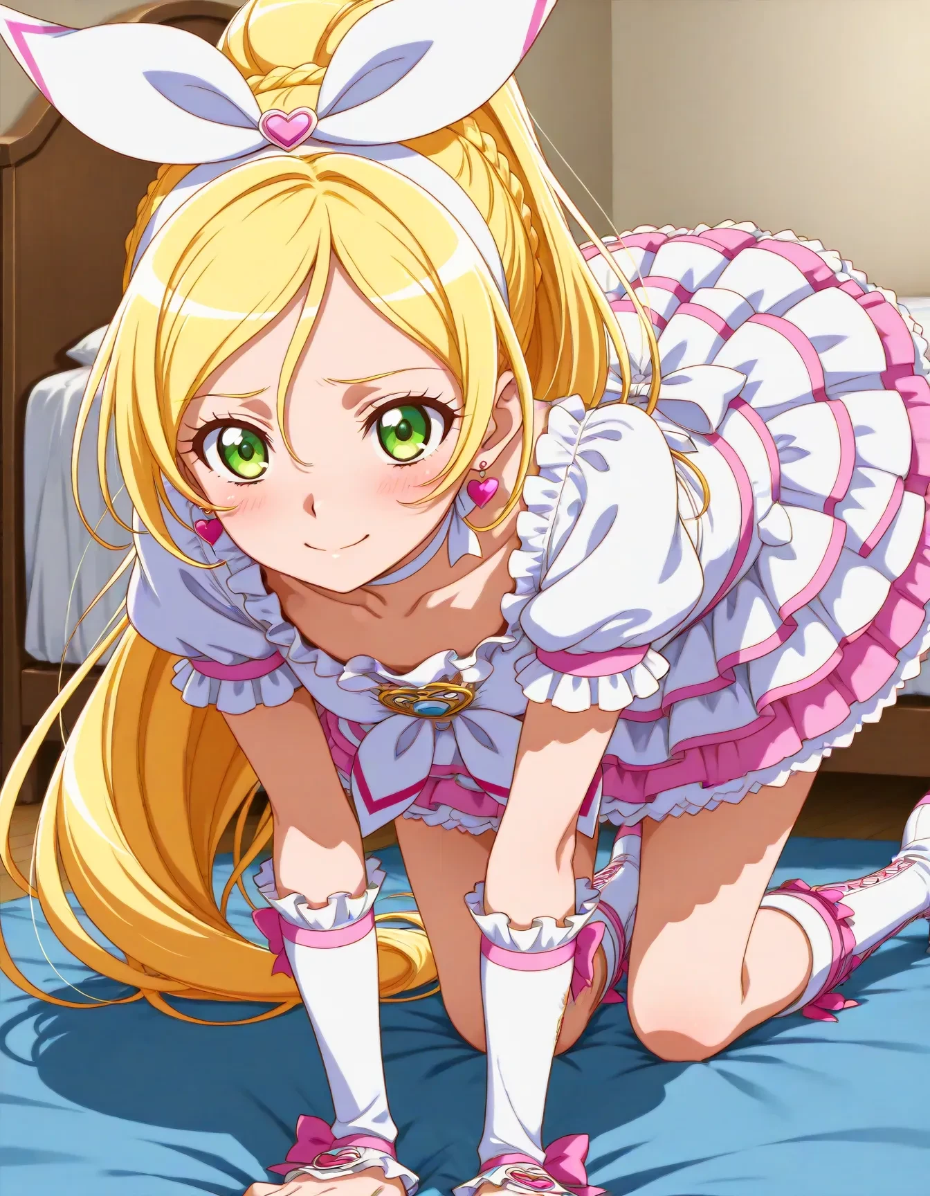 1girl,<lora:dmd2_sdxl_4step:1>,official style,masterpiece,best quality,newest,absurdres,highres,very awa,Anime,anime coloring,anime screencap,<lora:cure_rhythm_V1:1>,cure rhythm,solo,blonde hair,ponytail,very long hair,braid,eyelashes,green eyes,white dress,puffy short sleeves,frilled sleeves,white choker,ribbon choker,brooch,white neckwear,heart earrings,hair bow,white bow,white hairband,wrist cuffs,arm warmers,hair ornament,pink bow,white skirt,frilled skirt,layered skirt,knee boots,white footwear,cross-laced footwear,smile,blush,playing_games,bedroom,all_fours,bent_over,shy,from_back,from behind,