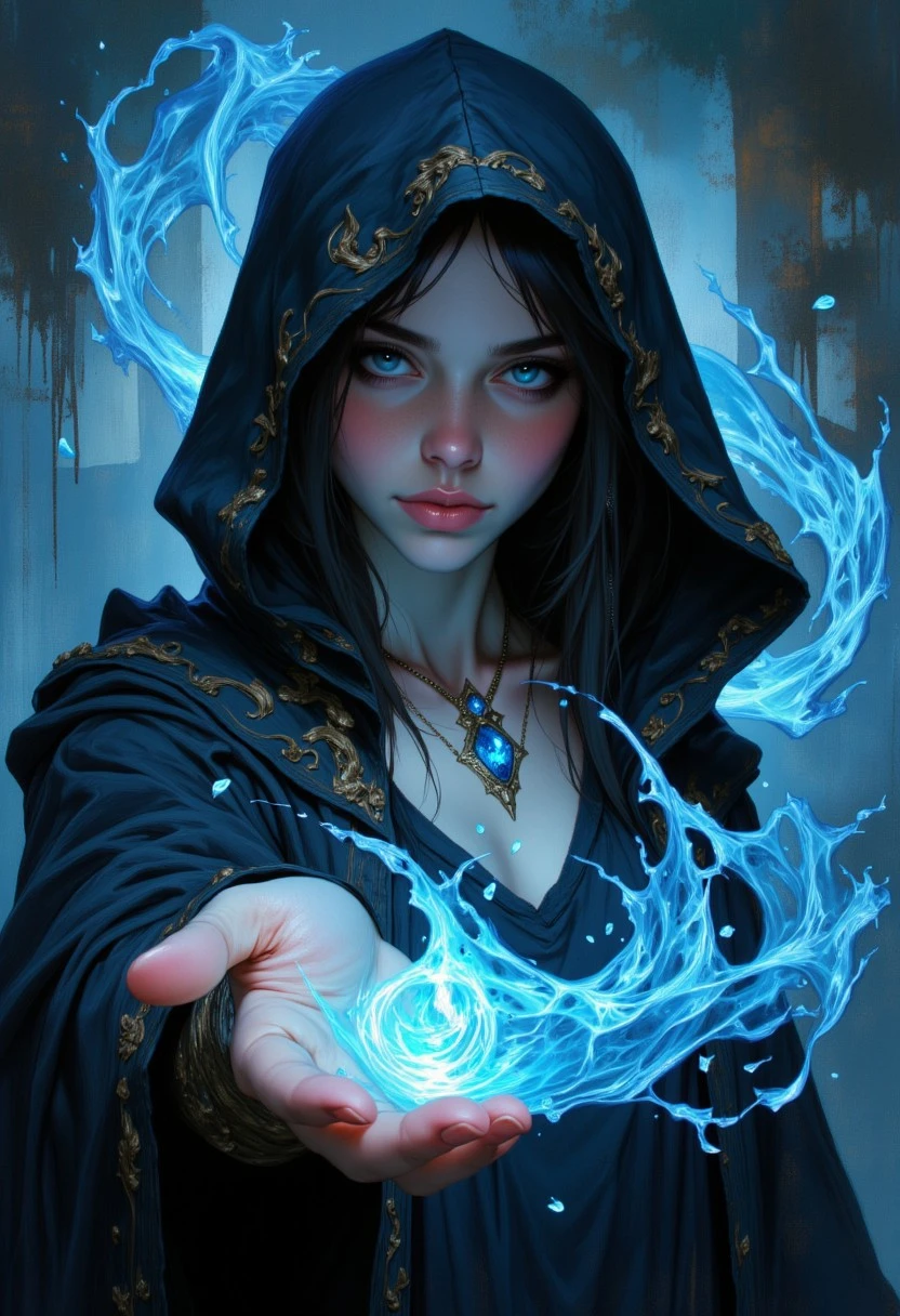 Unfazedfantasii, vantablack, OBxiaoxiang
photorealistic masterwork digital painting, hyper-realistic,
A powerful young sorceress with piercing blue eyes and dark, flowing hair, casting a swirling wave of magical water around her. She wears an intricately detailed black hooded cloak adorned with a glowing blue gemstone pendant. Her expression is intense and focused as she manipulates the water with an outstretched hand, creating arcs and spirals of glowing liquid energy. The background is dark and mystical, with subtle mist and floating particles enhancing the magical atmosphere. The scene has dramatic lighting, emphasizing the cool blue glow of the water magic. The art style is highly detailed, semi-realistic fantasy with cinematic depth, dynamic lighting, and a painterly touch.
The art style is highly detailed, cinematic, and fantasy-inspired, with a focus on dramatic lighting, soft glows, and a slightly dark, mystical mood.
