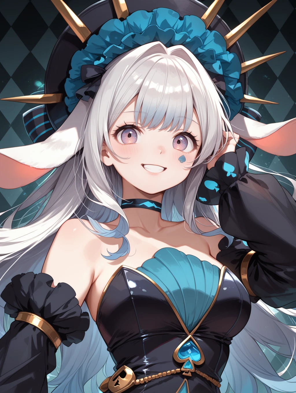 (score_9:0.9),score_8_up,score_7_up,rating_safe,(zPDXL),
malice pawn march hare, 1girl, solo, smile, looking at viewer, medium breasts, collarbone, argyle background, blush, rabbit ears, blue spades facial mark, black choker, black strapless dress, black headdress, black detached sleeves, adjusting hair, hand up,
<lora:MALICE Pawn March Hare ponyXL v1:0.7>,