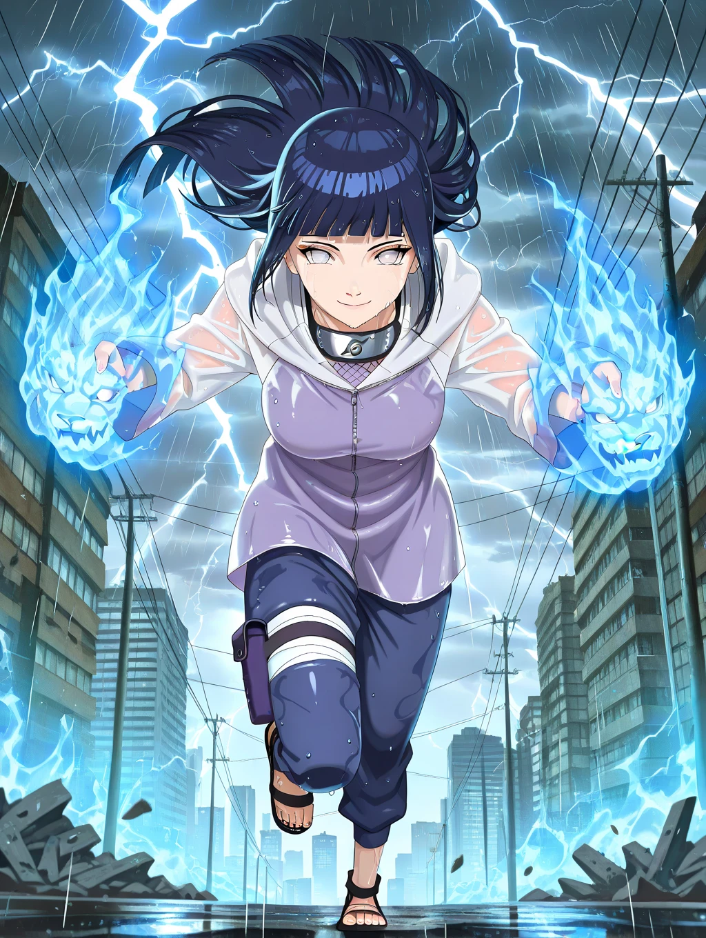 1girl,solo,Hinata Hyuga,long hair,blunt bangs,dark blue hair,light eyes,forehead protector,konohagakure symbol,purple and white hooded jacket,fishnets,blue pants,holster,bandage on thigh,open sandals,wet clothes,see-through clothes,full body,standing on ond leg,looking at viewer,fight stance,juho shoshiken jutsu,lion shaped blue flames on hands,smile,cityscape, raining,running,debris,electricity,dramatic lighting,stormy sky,lightning,focus on character,power lines, electricity,dark colors,depth of field,outdoors,highres,absurdres,high resolution,amazing quality