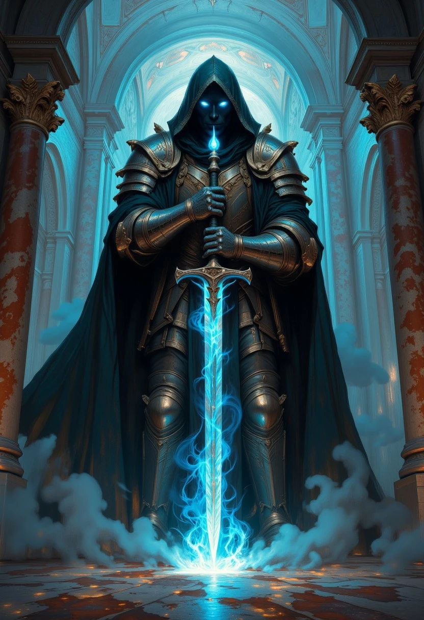 Unfazedfantasii, vantablack, OBxiaoxiang
photorealistic masterwork digital painting, hyper-realistic, low-angle shot, from below, highly detailed, intricate, fractal, and iridescent, perfect hands, blade of cold blue fire, capturing the imposing figure of a towering, hooded lich clad in symmetrical ornate knight armor with a large billowing cape, his piercing two eyes glowing with bright blue fire, he holds a long, elegant, symmetrical flaming great sword with both hands, one hand above the other, its thin blade forged from azure fire that emits an ominous, cold glow, the tip of the blade hits the ground, causing a burst of magic blue fire, the scene is set in an ancient castle's shimmering opulent and luxurious marble grand hall, where magical vapors rise from the ground and swirl lazily throughout the room, dim, atmospheric lighting originates primarily from the glowing great sword and the iridescent magical vapors, casting intricate shadows and enhancing the mysterious, otherworldly aura of the lich, the composition emphasizes dramatic scale and texture, with a focus on the interplay of light and shadow, intricate fractal details of the armor and marble, and an eerie spectral glow that illuminates every facet of the scene, wide cross guard, long grip,
The art style is highly detailed, cinematic, and fantasy-inspired, with a focus on dramatic lighting, soft glows, and a slightly dark, mystical mood.