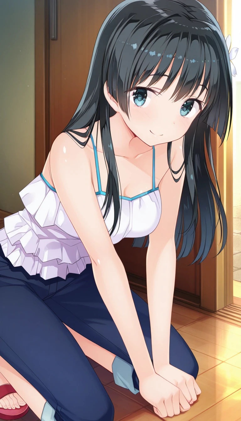 (masterpiece),best quality,amazing quality,very aesthetic,absurdres,newest,perfect body,shiny skin,perfect eyes,detail1eye,well-defined fingers,well-defined fingernails,anime style,indoors,1girl,solo,upper body,(portrait:1.5),looking at viewer,facing viewer,smile,blush,Kimishima Ao style,Saten Ruiko,casual clothes no.1,long hair,black hair,hair ornament,hair flower,sidelocks,bangs,black eyes,bare shoulders,camisole,white shirt,frilled shirt,medium breasts,dark blue pants,capri pants,pants rolled up,sandals,red footwear,<lora:Saten Ruiko(omrg)-Illus:1.6>,<lora:Kimishima Ao[style]-Illus:1.6>,