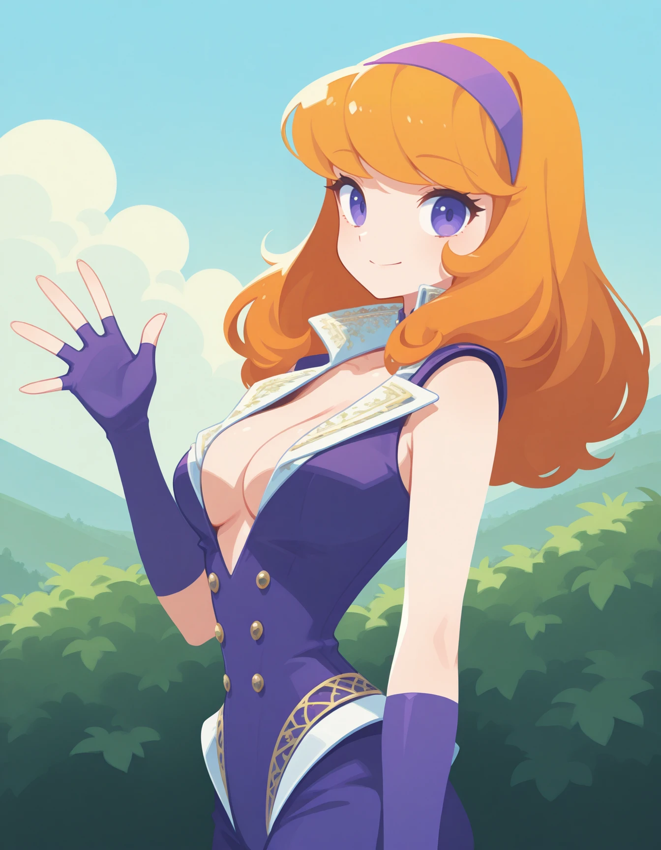 1girl, daphne ann blake, cowboy shot, c0rs3t, corset, double-breasted vest, bare arms, studs, ornate clothing, gold filagree, peplum, plunging neckline, gold trim, patterned clothing, white blouse, purple hairband, high collar, bare neck, elbow gloves, fingerless gloves, hand on chest, outdoors, from side, waving, looking at viewer, <lora:Style_shiiro-haiz-ai-ILXL:1> haiz_ai, no lineart,no outline, <lora:BaroqueUniformCorset-ILXL2025-02-10_18-43-17-save-171-57-0:0.9> masterpiece, best quality, very aesthetic, newest