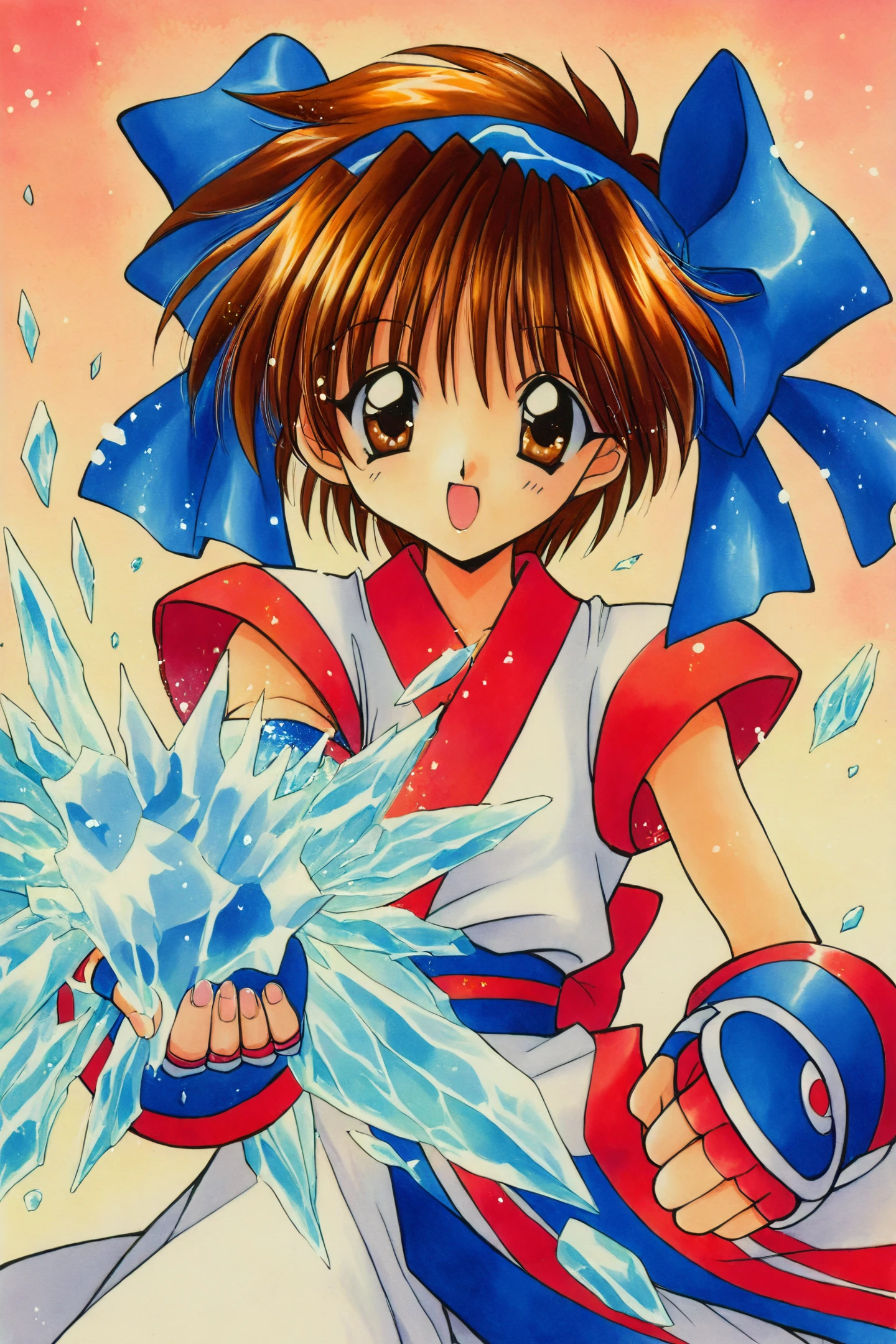 Rimururu,1girl,solo,1990s (style),retro artstyle,brown hair,brown eyes,bow,fingerless gloves,gloves,blue hairband,short hair,blue clothes,ainu clothes,ribbon,ice,crystal,traditional media,
<lora:Aoi Nanase_illustriousXL:0.8>,