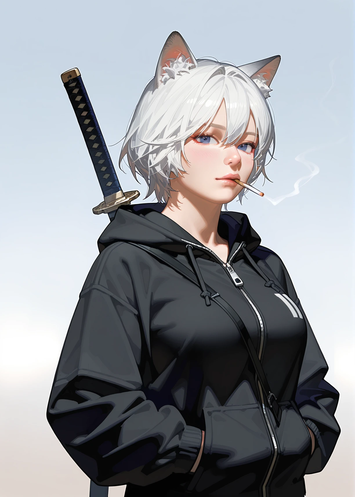 1girl,animal ears,blue eyes,solo,weapon,sword,hood,looking at viewer,breasts,white hair,short hair,animal ear fluff,weapon on back,jacket,hands in pockets,gradient background,hair between eyes,gradient,hood down,bangs,mouth hold,long sleeves,black jacket,sheathed,cigarette,katana,large breasts,cowboy shot,sheath,black hoodie,cat ears,hooded jacket,hoodie,zipper,[artist:ciloranko],[artist:ningen mame],{{artist:sushineko8}},(artist:tianliangduohefangdongye:1),(realistic:3),, masterpiece,best quality,amazing quality,very aesthetic,absurdres,newest,sceneryï¼masterpiece, best quality, amazing quality, very aesthetic, absurdres, newest,