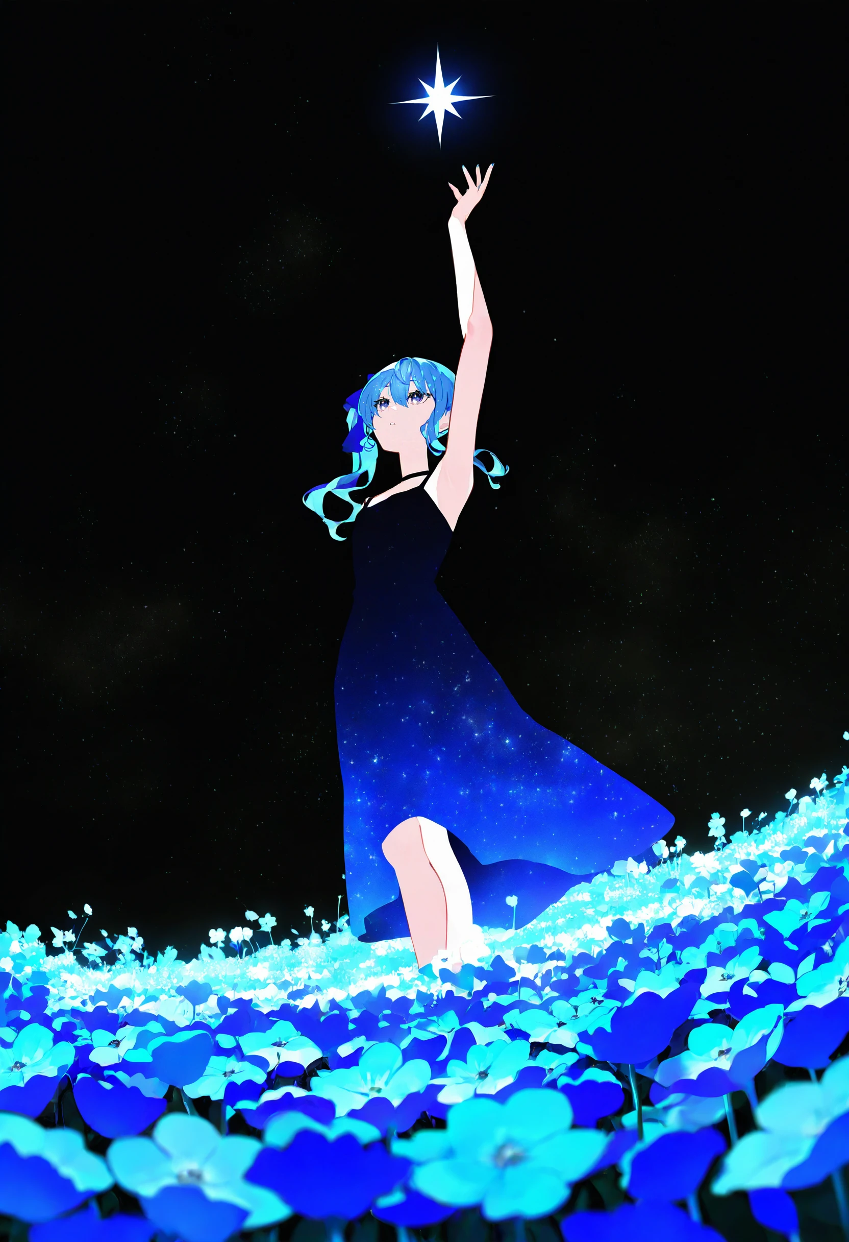 hoshimachi suisei, 1girl, artist:[yoneyama mai|fuzichoco|lam \(ramdayo\)|diyokama], blending, 
side ponytail, blue eyes, blue flower, flower field, night sky, starry sky, dress, star print, standing, from below, looking up, arm up, camisole, star print, 
masterpiece, best quality, very aesthetic, absurdres
<lora:noobai_vpred_1_masterpieces_v23:1>