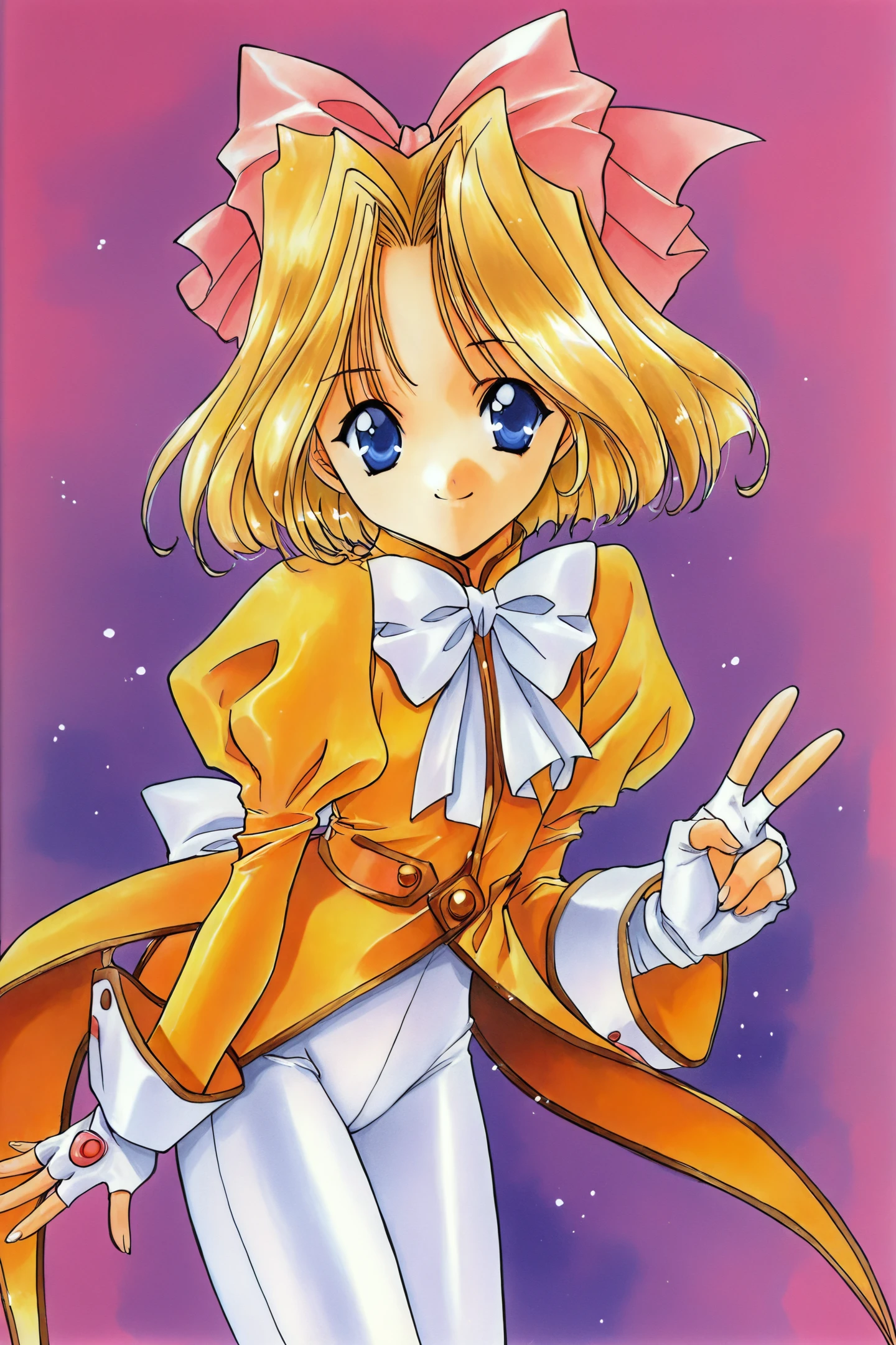 Iris Chateaubriand,1girl,female ,solo,smile,closed mouth,blonde hair,short hair,blue eyes,1990s (style),yellow tailcoat,coattails,v,white bowtie,hair bow,pink bow,back bow,white ribbon,fingerless gloves,white gloves,white pants,tight pants,boots,traditional media,
<lora:Sakura Wars_illustriousXL:0.5>,<lora:Aoi Nanase_illustriousXL:1>,
