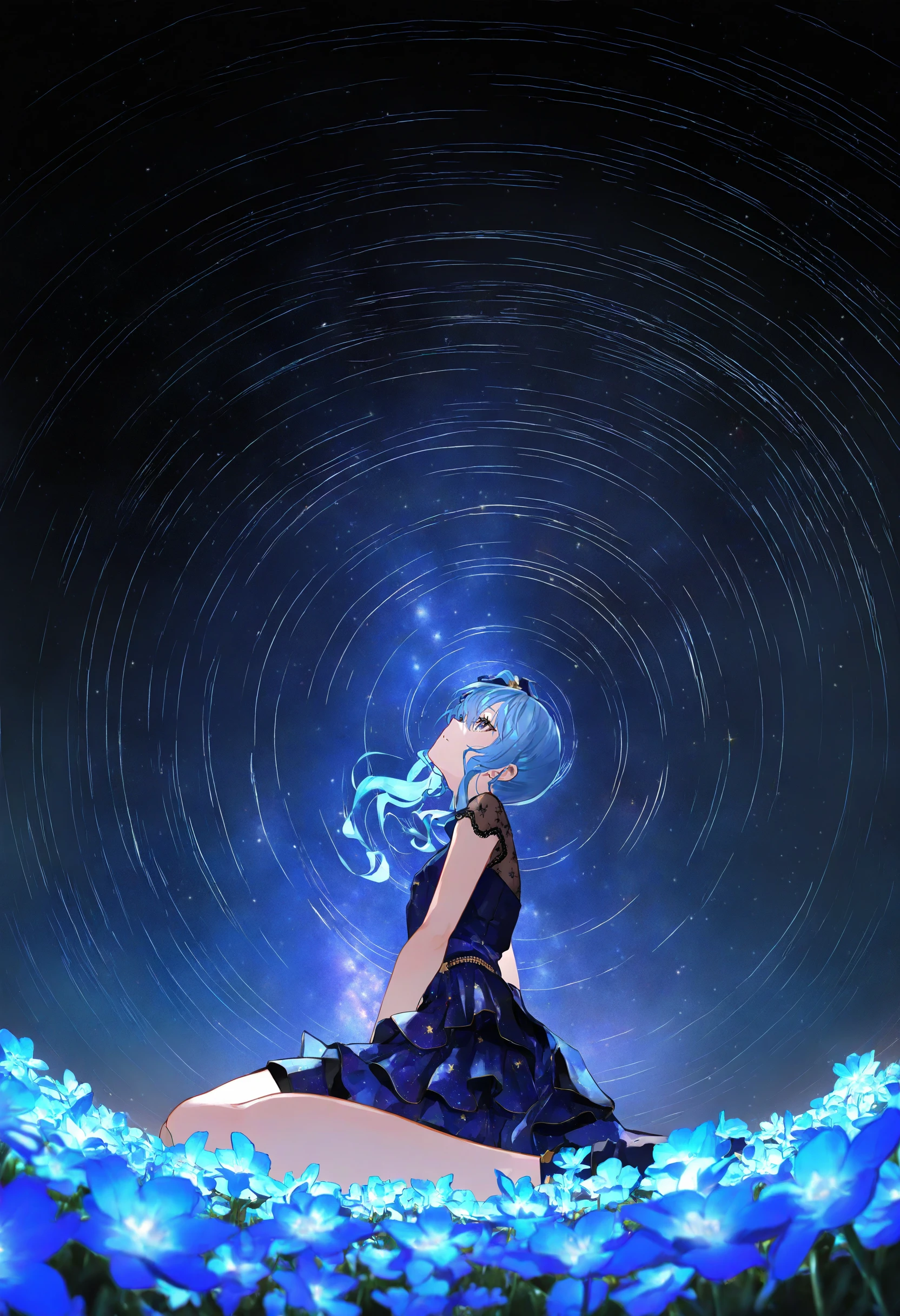 artist:[yoneyama mai|fuzichoco|lam \(ramdayo\)|diyokama|xixun], star trail, circle formation,
hoshimachi suisei, 1girl, side ponytail, blue eyes, blue flower, flower field, night sky, starry sky, dress, star print, wariza, from below, looking up,
masterpiece, best quality, very aesthetic, absurdres
<lora:noobai_vpred_1_masterpieces_v23:1>
<lora:noobai_vpred_1_star_trail_v1:0.4>