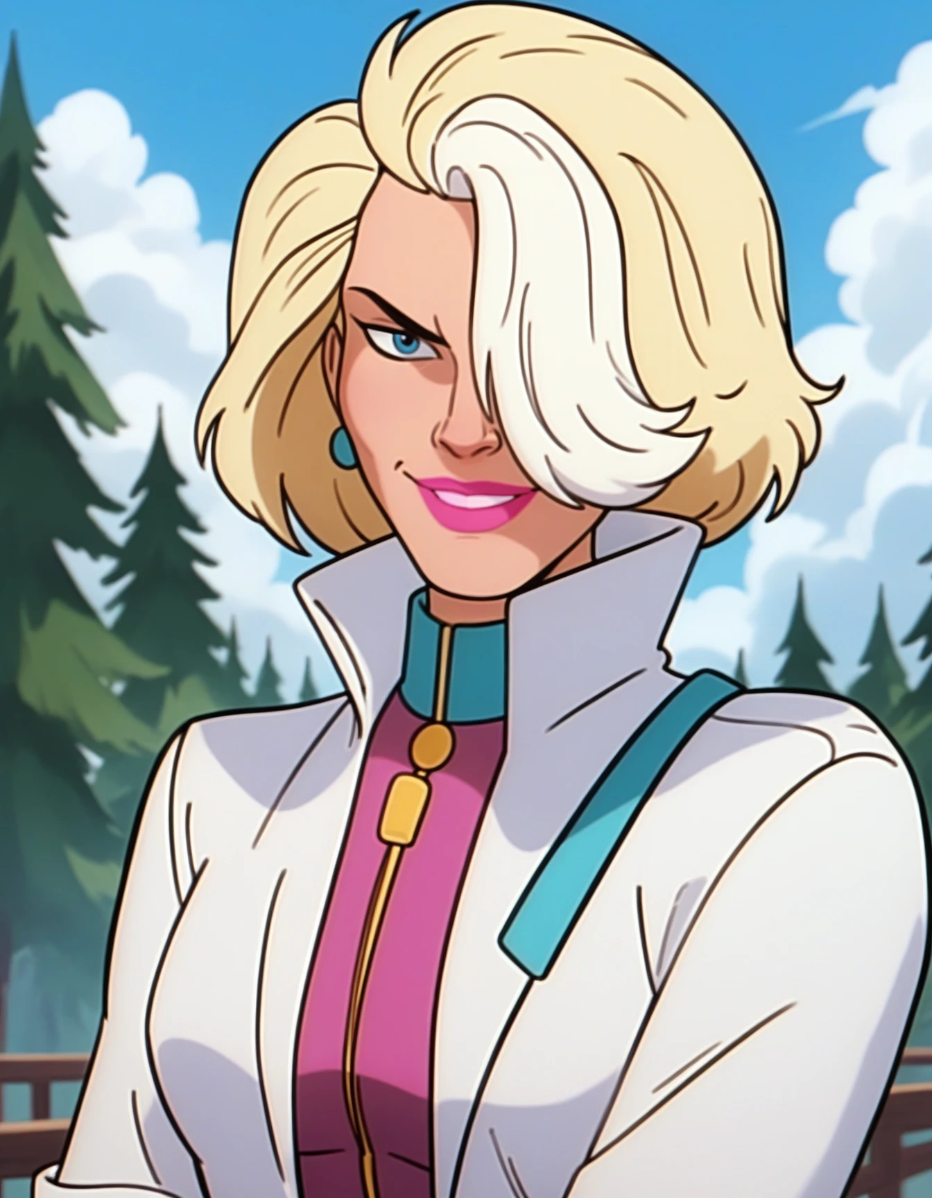 score_9, score_8_up, score_7_up,
bodysuit, lab coat, 
outdoors, cloud, day, 
1girl, solo, looking at viewer, smile, portrait, 
 <lora:cpatp-doctorblight:1> xblightx, multicolored hair, white hair, blonde hair, short hair, hair over one eye, blue eyes, lipstick,