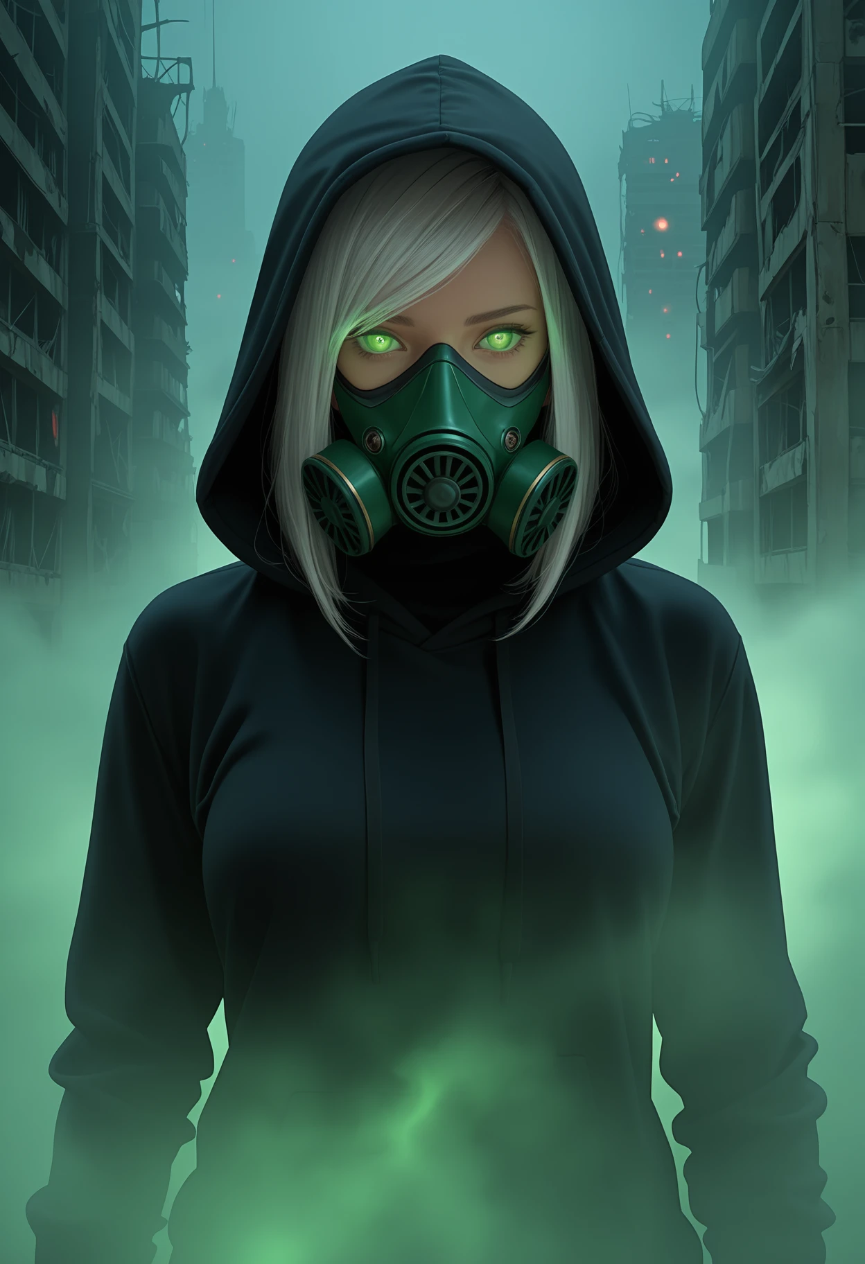 photorealistic,
1girl, solo, glowing eyes, green eyes, white hair, swept bangs, gas mask, black hoodie, hood up, post-apocalypse, abstract background, dark background, fog, energy,
