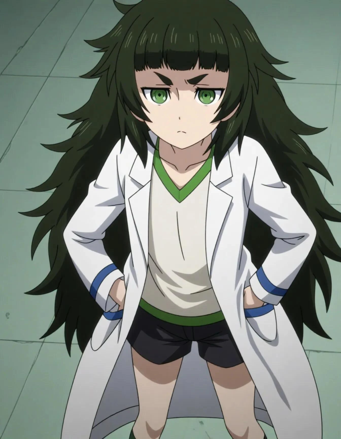 <lora:dmd2_sdxl_4step:1>,masterpiece,best quality,amazing quality,very aesthetic,high resolution,ultra-detailed,absurdres,newest,anime coloring,anime screenshot,official art,<lora:maho:1>,maho,green hair,very long hair,green eyes,thick eyebrows,v-shaped eyebrows,messy hair,short eyebrows,blunt bangs,black shorts,lab coat,kneehighs,