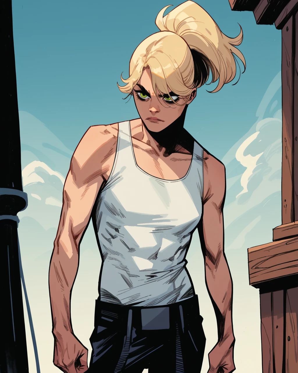 score_9, score_8_up, score_7_up, score_6_up, masterpiece, best quality, zPDXL3, zPDXLxxx, solo, <lora:EricaSlaughterPDXL_byKonan:1> ericaslaught, blonde hair, green eyes, ponytail, white tank top, pants, <lora:Pepe_Larraz_Style:1> larraz,