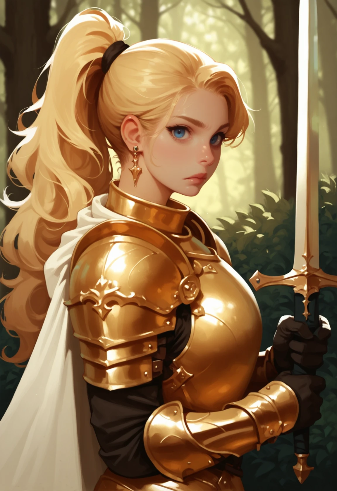 1girl, weapon, armor, sword, blue eyes, holding weapon, solo, blonde hair, holding sword, looking at viewer, cape, holding, forest, long hair, white cape, nature, shoulder armor, ponytail, gold armor, gloves, breastplate, outdoors, nose, pauldrons, tree, from side, blurry background, closed mouth, blurry, knight, bush, plate armor, wavy hair, vambraces, black gloves, gauntlets, upper body, standing, faulds, two-handed, earring, reflection,
rimixa,, <lora:Ri-MIX_A_Illustriousv-000010:1>, masterwork, masterpiece, best quality, dynamic lighting , dynamic pose,, dynamic angle, lips, nose