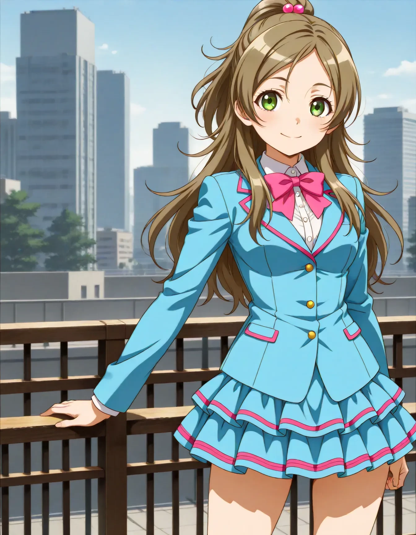 <lora:dmd2_sdxl_4step:1>,official style,masterpiece,best quality,newest,absurdres,highres,very awa,Anime,anime coloring,anime screencap,<lora:cure_rhythm_V1:1>,minamino kanade,solo,aria gakuen school uniform,brown hair,blonde hair,long hair,half updo,ponytail,eyelashes,green eyes,hair bobbles,blue shirt,blue jacket,blazer,white shirt,long sleeves,pink neckwear,pink bow,bowtie,blue skirt,miniskirt,layered skirt,striped skirt,smile,1girl,stylish_pose,city,
