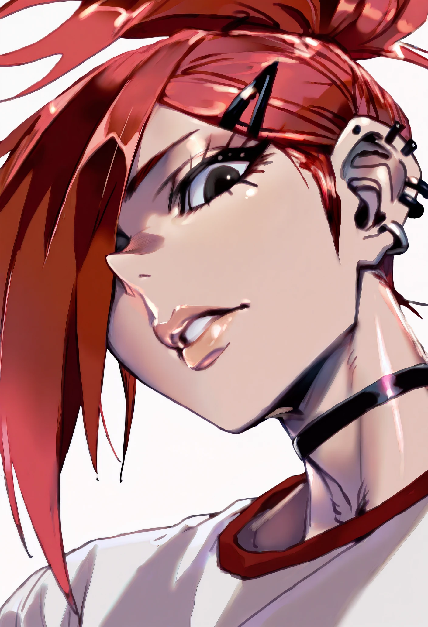 masterpiece, best quality, absurdres, <lora:zunta-guy90-Illust-Lycorisv1:1> atnuzz, 1girl, solo, shiny skin, glowing, white background, portrait, looking at viewer, parted lips, lips, <lora:frankiefoster-guy90-Illust-LoraV101:1> retarf, red hair, hair ornament, ponytail, black eyes, hairclip, ear piercing, earrings, black choker, white shirt, hair over one eye