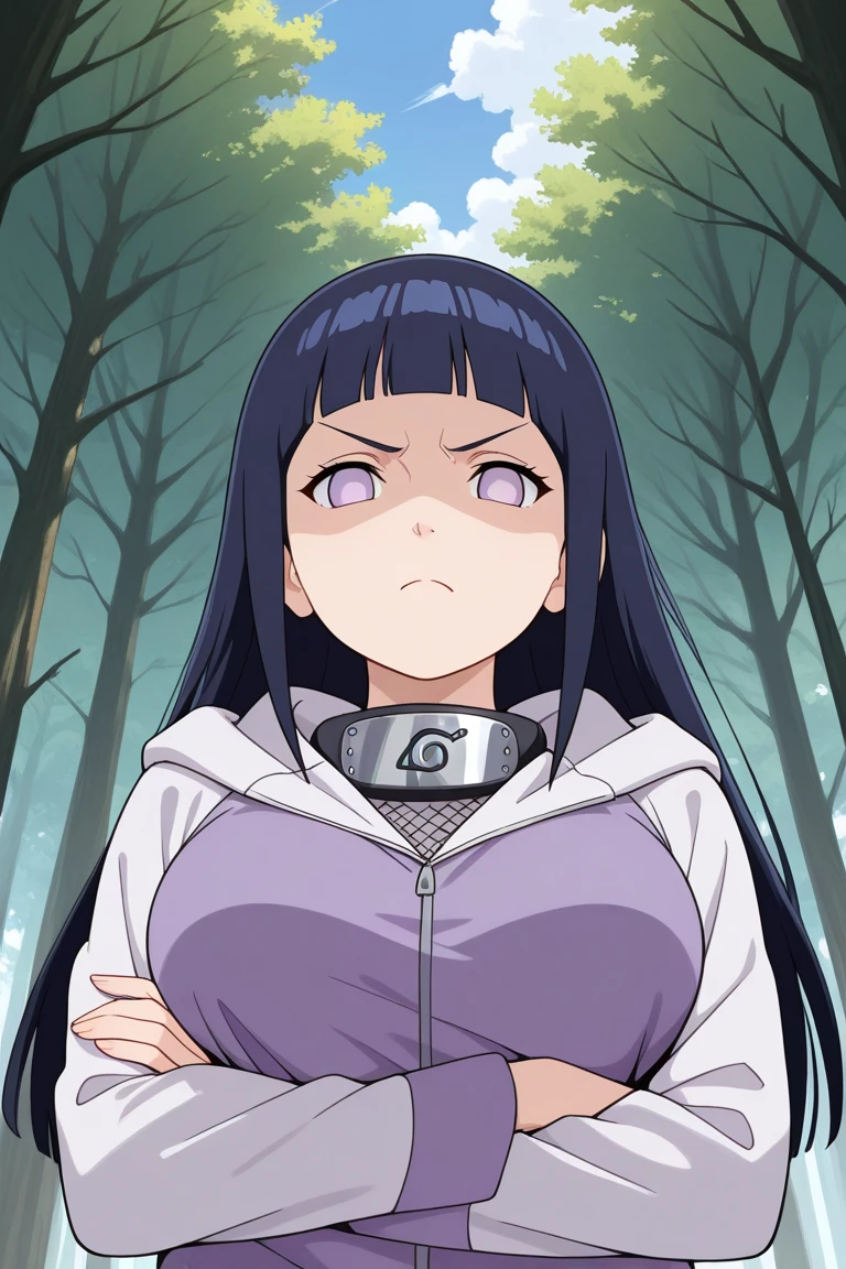 1girl,focus girl,focus character,angry expression,Hinata Hyuga,long hair,blunt bangs,dark blue hair,light eyes,forehead protector,konohagakure symbol,purple and white hooded jacket,fishnets,breast focus,crossed arms, v-shaped eyebrows,(shaded face:1.2),medium shot,looking at viewer,forest,blue sky,clouds,from below,highres,absurdres,high resolution,amazing quality,ultra-detailed,volumetric lighting,scenery