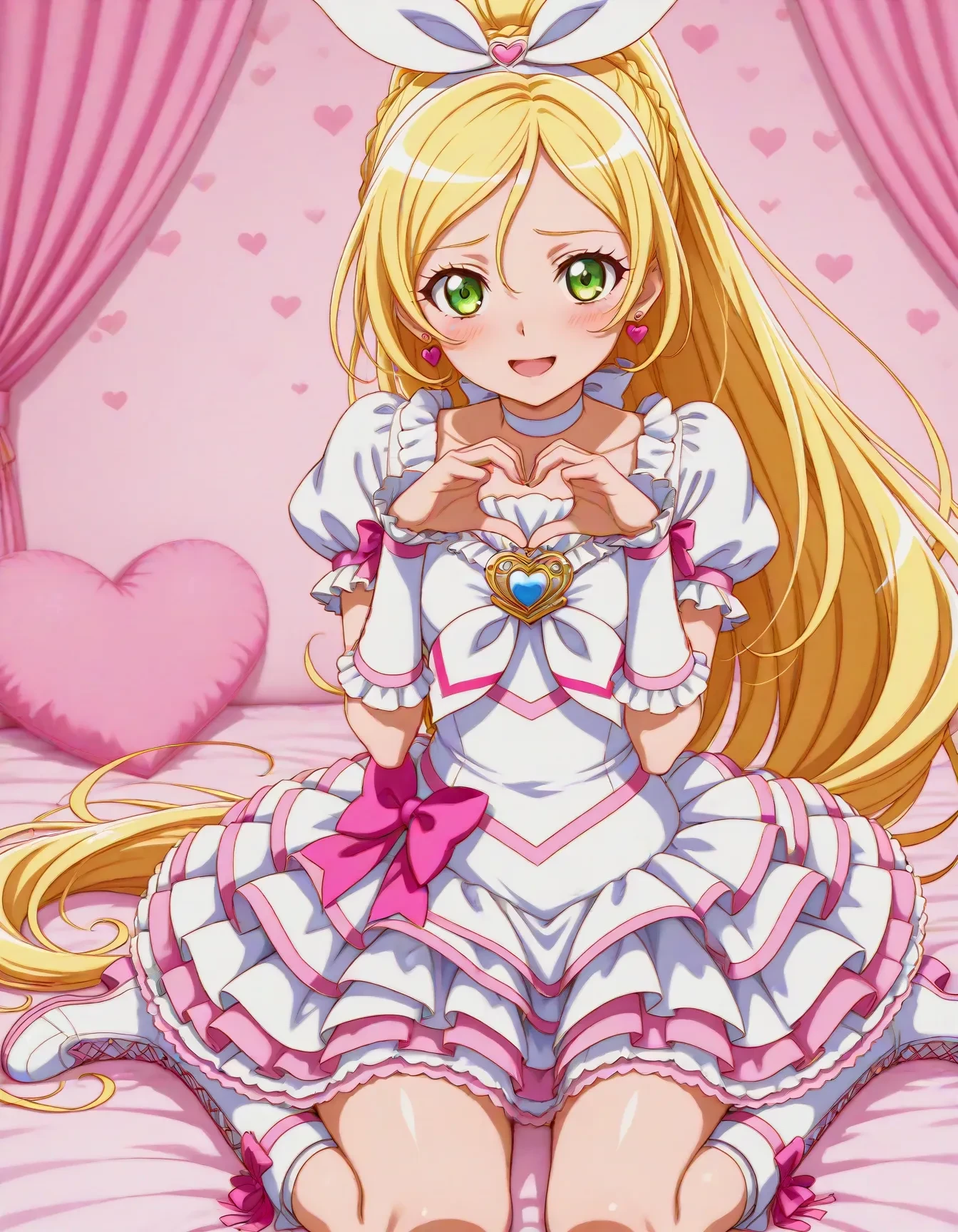 1girl,<lora:dmd2_sdxl_4step:1>,official style,masterpiece,best quality,newest,absurdres,highres,very awa,Anime,anime coloring,anime screencap,<lora:cure_rhythm_V1:1>,cure rhythm,solo,blonde hair,ponytail,very long hair,braid,eyelashes,green eyes,white dress,puffy short sleeves,frilled sleeves,white choker,ribbon choker,brooch,white neckwear,heart earrings,hair bow,white bow,white hairband,wrist cuffs,arm warmers,hair ornament,pink bow,white skirt,frilled skirt,layered skirt,knee boots,white footwear,cross-laced footwear,smile,bedroom,open mouth,sitting,heart_background,outstretched_arms,heart hand pose,wariza,blush,shy,