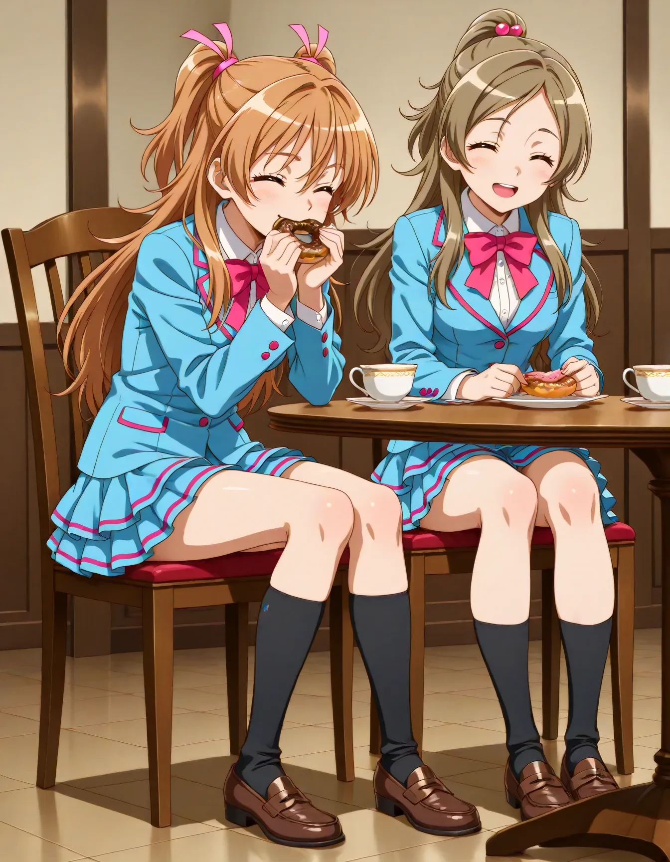 <lora:dmd2_sdxl_4step:1>,official style,masterpiece,best quality,newest,absurdres,highres,very awa,Anime,anime coloring,anime screencap,<lora:cure_rhythm_V1:1>,minamino kanade,solo,aria gakuen school uniform,brown hair,blonde hair,long hair,half updo,ponytail,eyelashes,green eyes,hair bobbles,blue shirt,blue jacket,blazer,white shirt,long sleeves,pink neckwear,pink bow,bowtie,blue skirt,miniskirt,layered skirt,striped skirt,socks,black legwear,loafers,brown footwear,table,chair,eating,tea,teacup,closed eyes,2girls,houjou hibiki,food_in_mouth,doughnut,laughing,