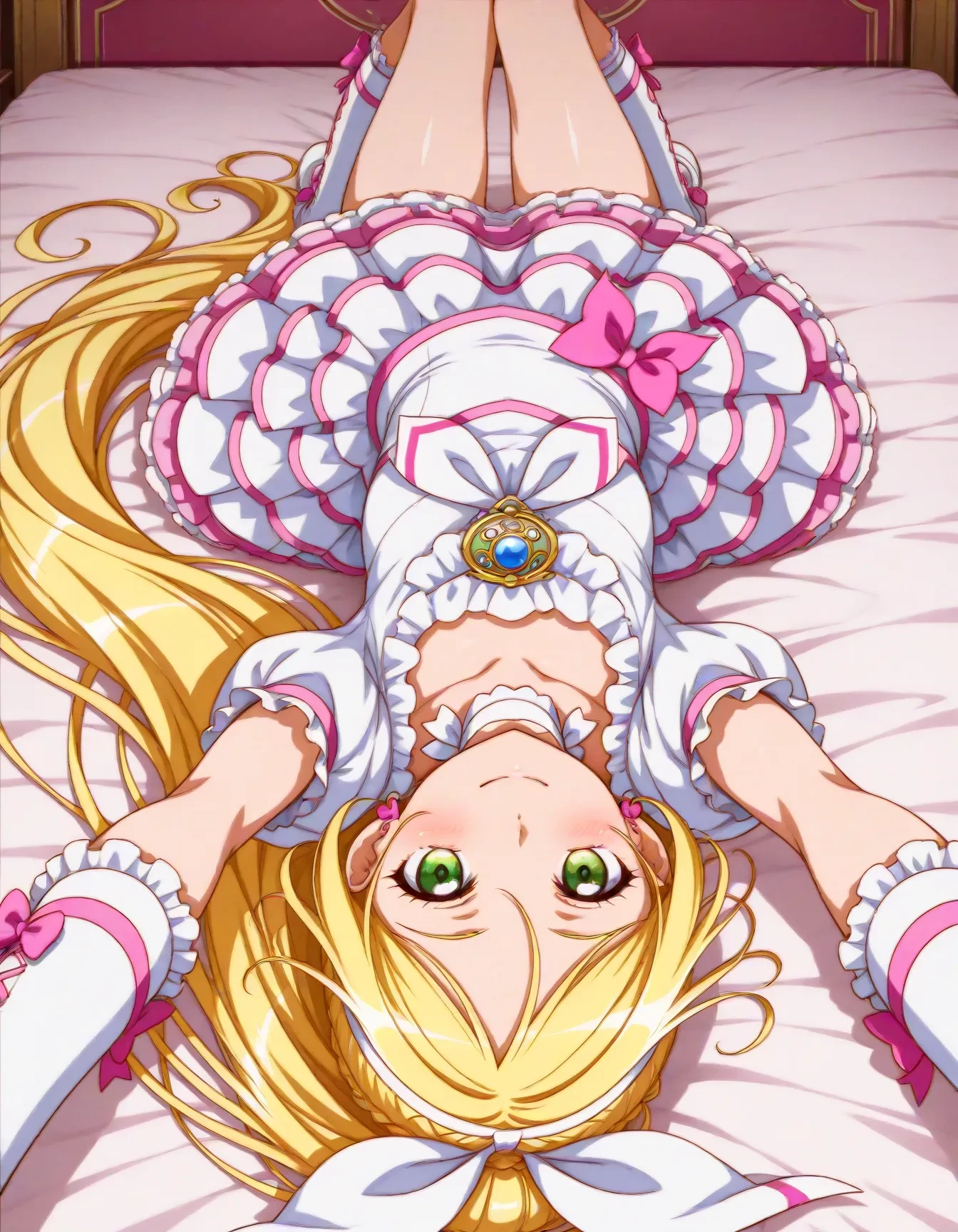 1girl,<lora:dmd2_sdxl_4step:1>,official style,masterpiece,best quality,newest,absurdres,highres,very awa,Anime,anime coloring,anime screencap,<lora:cure_rhythm_V1:1>,cure rhythm,solo,blonde hair,ponytail,very long hair,braid,eyelashes,green eyes,white dress,puffy short sleeves,frilled sleeves,white choker,ribbon choker,brooch,white neckwear,heart earrings,hair bow,white bow,white hairband,wrist cuffs,arm warmers,hair ornament,pink bow,white skirt,frilled skirt,layered skirt,knee boots,white footwear,cross-laced footwear,smile,blush,bedroom,on stomach,outstretched_arms,upside-down,