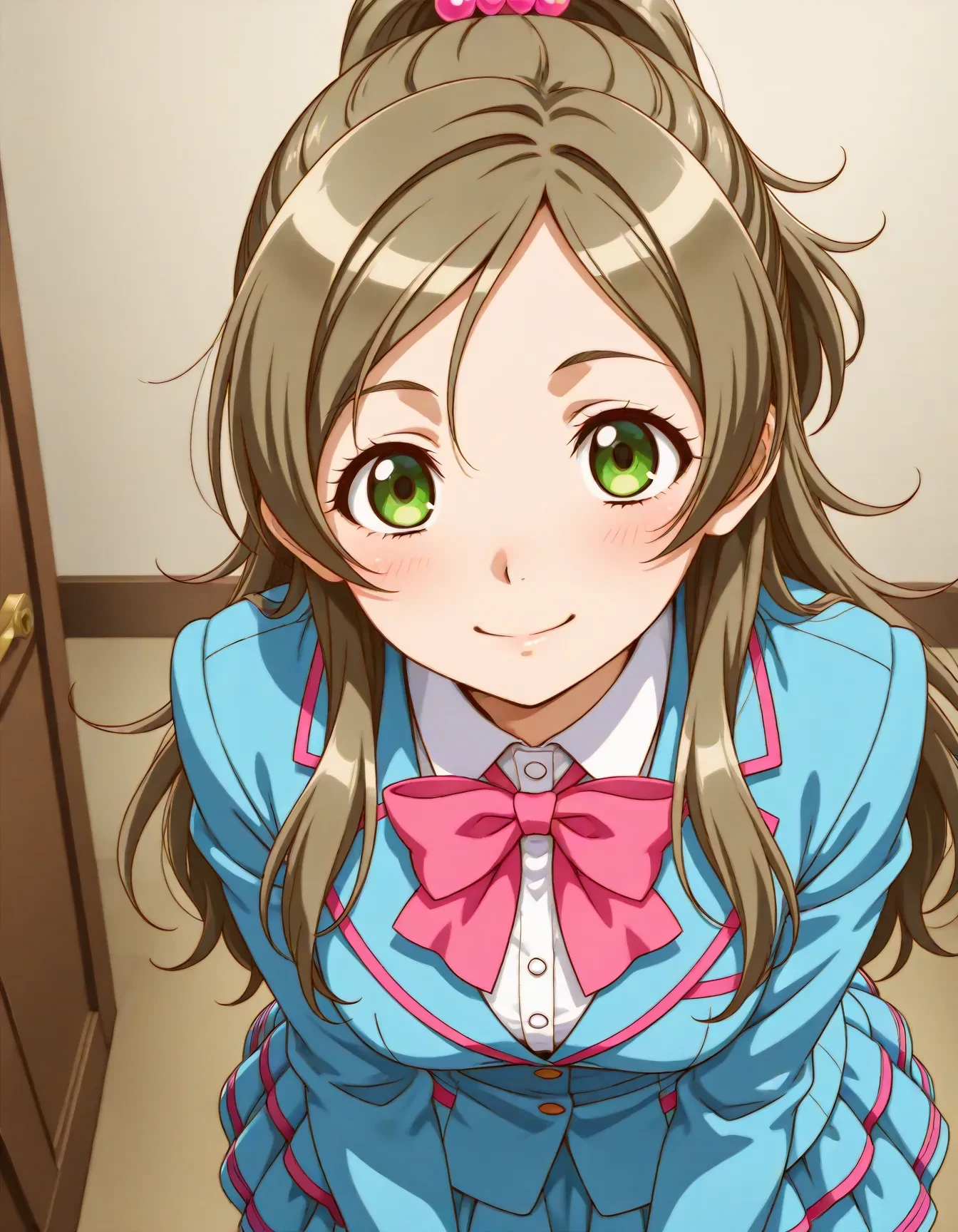 <lora:dmd2_sdxl_4step:1>,official style,masterpiece,best quality,newest,absurdres,highres,very awa,Anime,anime coloring,anime screencap,<lora:cure_rhythm_V1:1>,minamino kanade,solo,aria gakuen school uniform,brown hair,blonde hair,long hair,half updo,ponytail,eyelashes,green eyes,hair bobbles,blue shirt,blue jacket,blazer,white shirt,long sleeves,pink neckwear,pink bow,bowtie,blue skirt,miniskirt,layered skirt,striped skirt,smile,1girl,