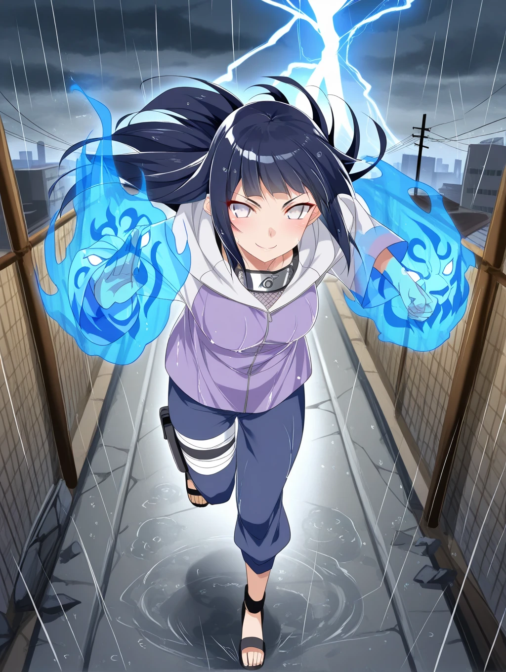 1girl,from above,Hinata Hyuga,long hair,blunt bangs,dark blue hair,light eyes,forehead protector,konohagakure symbol,purple and white hooded jacket,fishnets,blue pants,holster,bandage on thigh,open sandals,wet clothes,see-through clothes,full body,standing on ond leg,looking at viewer,fight stance,juho shoshiken jutsu,lion shaped blue flames on hands,smile,cityscape, raining,running,debris in the air,dramatic lighting,stormy sky,lightning,focus on character,power lines, electricity,dark colors,depth of field,outdoors,mtu (orewamuzituda):1,highres,absurdres,high resolution,amazing quality