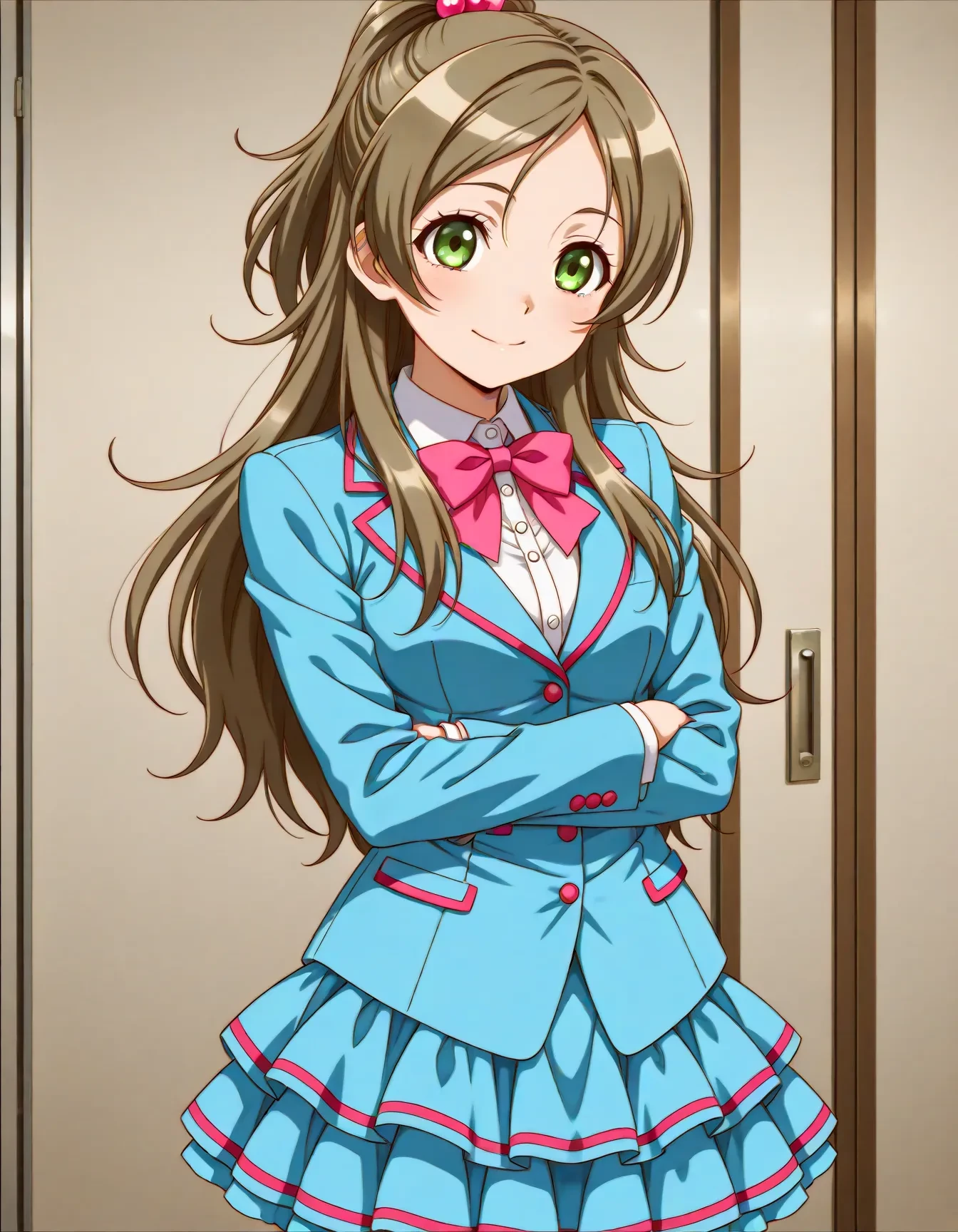<lora:dmd2_sdxl_4step:1>,official style,masterpiece,best quality,newest,absurdres,highres,very awa,Anime,anime coloring,anime screencap,<lora:cure_rhythm_V1:1>,minamino kanade,solo,aria gakuen school uniform,brown hair,blonde hair,long hair,half updo,ponytail,eyelashes,green eyes,hair bobbles,blue shirt,blue jacket,blazer,white shirt,long sleeves,pink neckwear,pink bow,bowtie,blue skirt,miniskirt,layered skirt,striped skirt,smile,1girl,stylish_pose,