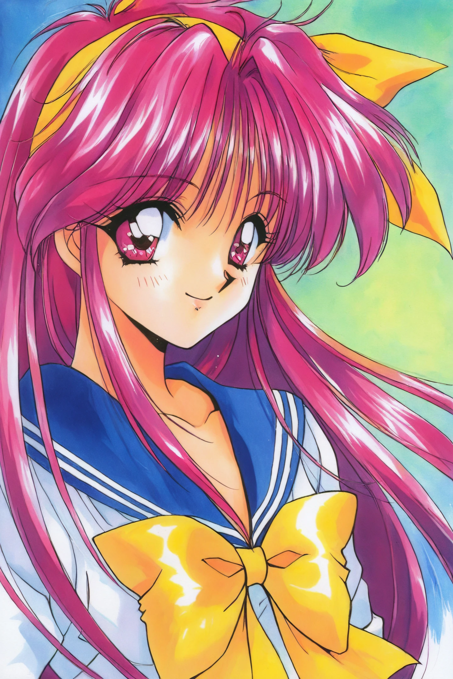 1girl,solo,long hair,school uniform,hairband,yellow bow,pink hair,red eyes,retro artstyle,bow,sailor collar,serafuku,smile,red hair,1990s (style),upper body,pink eyes,blue sailor collar,traditional media,
<lora:Aoi Nanase_illustriousXL:0.8>,