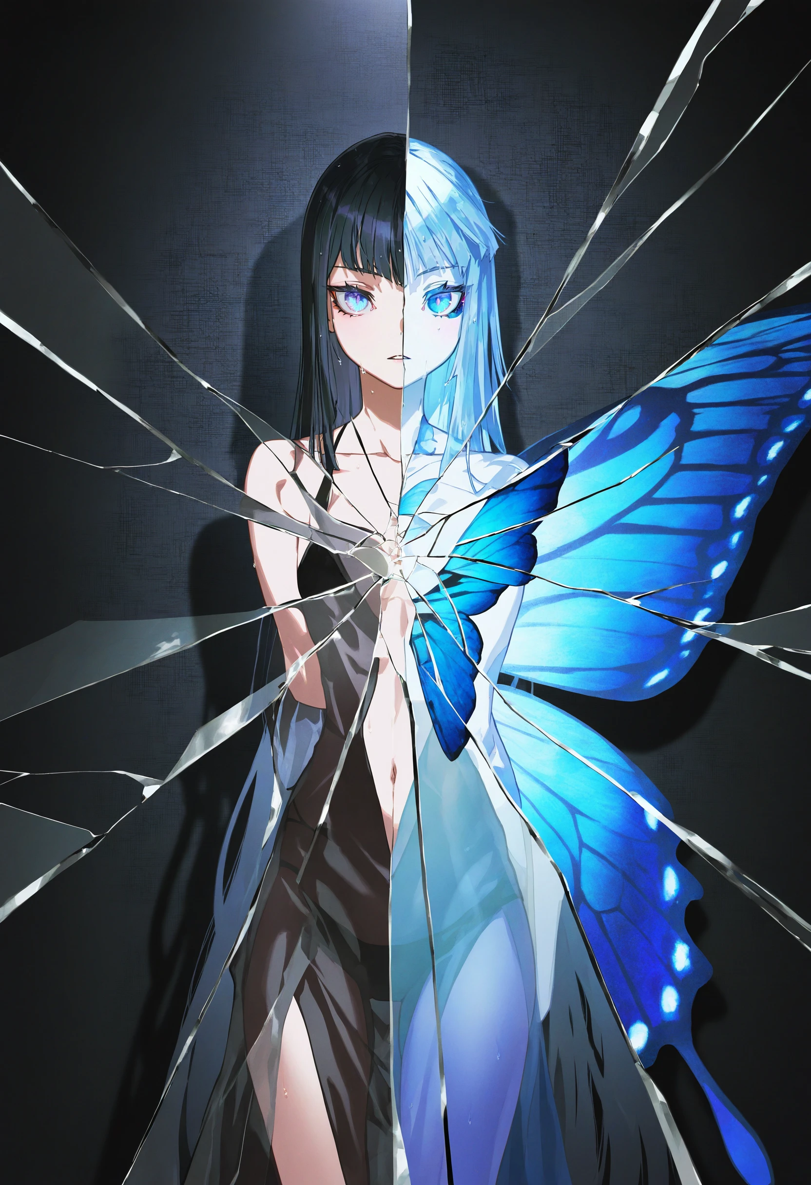 solo, 1girl, artist:[yoneyama mai|quasarcake|wanke|mika pikazo|lam \(ramdayo\)], parted lips, black hair, insect wings, looking at viewer, long hair, blue eyes, colored skin, butterfly wings, from side, cracked glass, reflection, water, collarbone, navel, see-through clothes, wet, split theme,
masterpeice, best quality, very aesthetic, absurdres
<lora:noobai_vpred_1_masterpieces_v23:1>