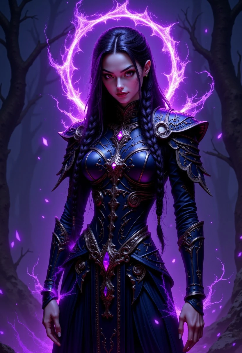 Unfazedfantasii
A mystical woman with a serene expression,
vantablack, a digital fantasy artwork depicting a fantasy character with a dark, mystical theme. The character is a girl with light skin, sharp facial features, and long, braided dark hair. She is wearing an elaborate, dark armored outfit with intricate patterns and glowing purple accents. The armor includes a chest plate, shoulder guards, and a flowing skirt-like extension with geometric designs. The character is surrounded by a glowing purple halo, adding a magical aura to the scene. The background is a deep, dark shade, enhancing the ethereal and enigmatic atmosphere of the artwork. The character's expression is confident and slightly aloof, with a slight smirk on her face. The overall composition is centered, with the character standing upright, exuding a sense of power and mystery. oil-painting, romanticism, painting, elegance, opulence, beautiful, painterly, detailed, textural, artistic, aesthetic, intricate details, highly detailed, vivid, vibrant,
There are floating purple aura adding to the magical atmosphere. The art style is highly detailed, cinematic, and fantasy-inspired, with a focus on dramatic lighting, soft glows, and a slightly dark, mystical mood.