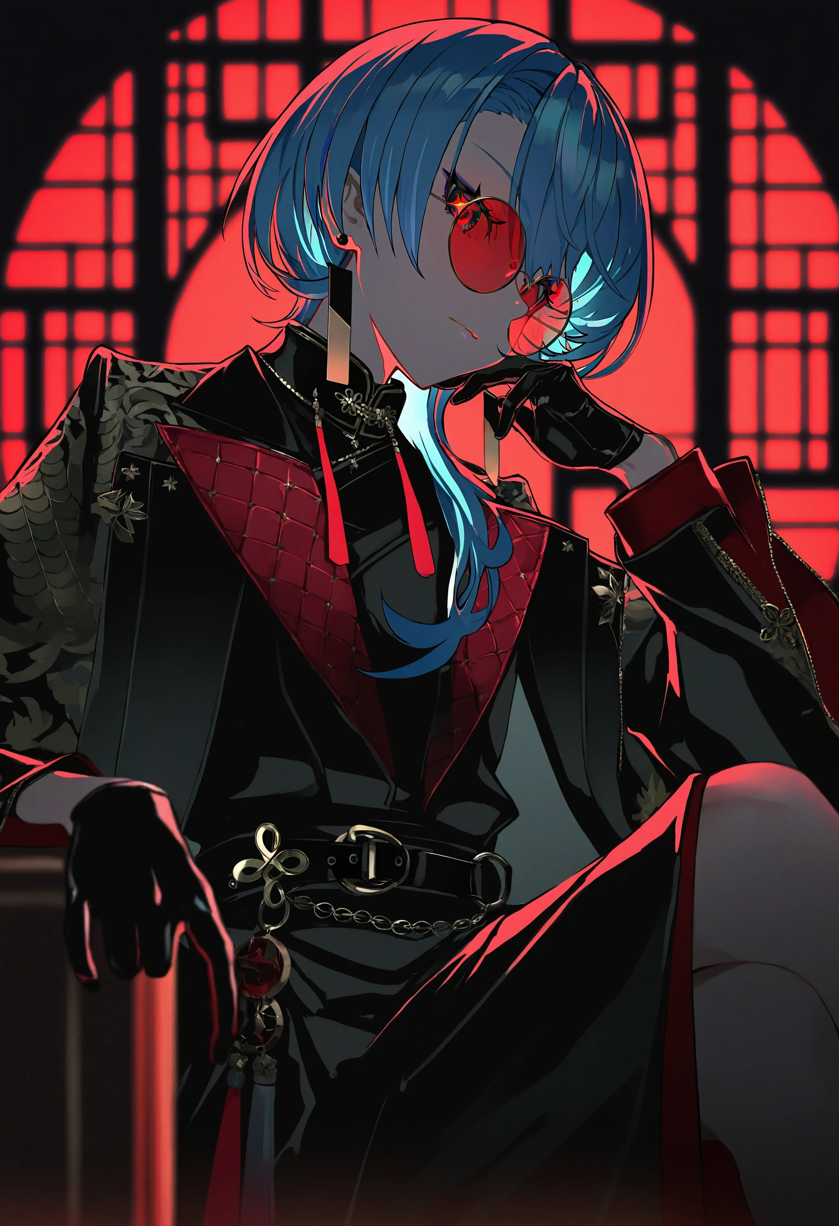 artist:[diyokama|say hana|yoneyama mai|lam \(ramdayo\)],
hoshimachi suisei, hoshimachi suisei \(oriental suit\), 1girl, crossed legs, looking at viewer, jewelry, symbol in eye, black belt, black jacket, black dress, star \(symbol\), open clothes, multicolored hair, indoors, window shade, dark, high contrast, high key, red theme, circle formation, depth of field, from side, head tilt, hand on own cheek, round eyewear, colored eyewear,
masterpiece, best quality, very aesthetic, absurdres, newest
<lora:noobai_vpred_1_masterpieces_v23:1>
