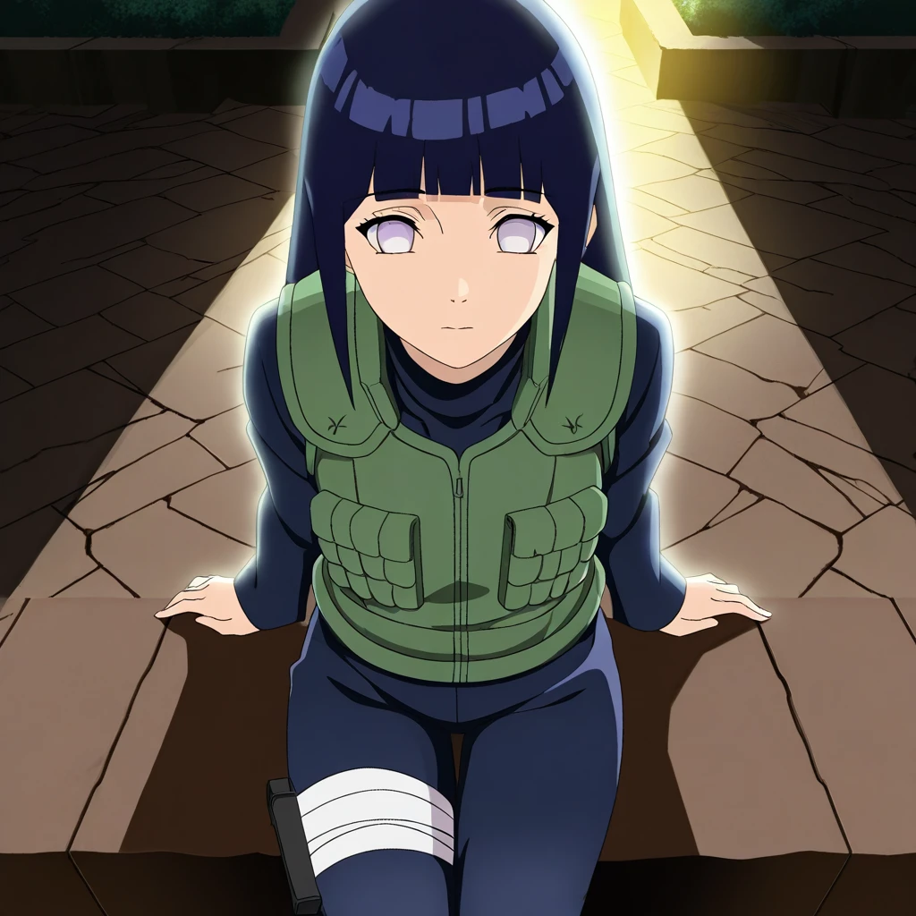 1girl,Hinata Hyuga,long hair,blunt bangs,dark blue hair,light eyes,green jonin vest,turtle neck,dark blue pants,holster,bandage on thigh,sitting,perspective,from above,outdoors,(backlighting:1.3),(dark),anime screenshot,highres,absurdres,high resolution,amazing quality