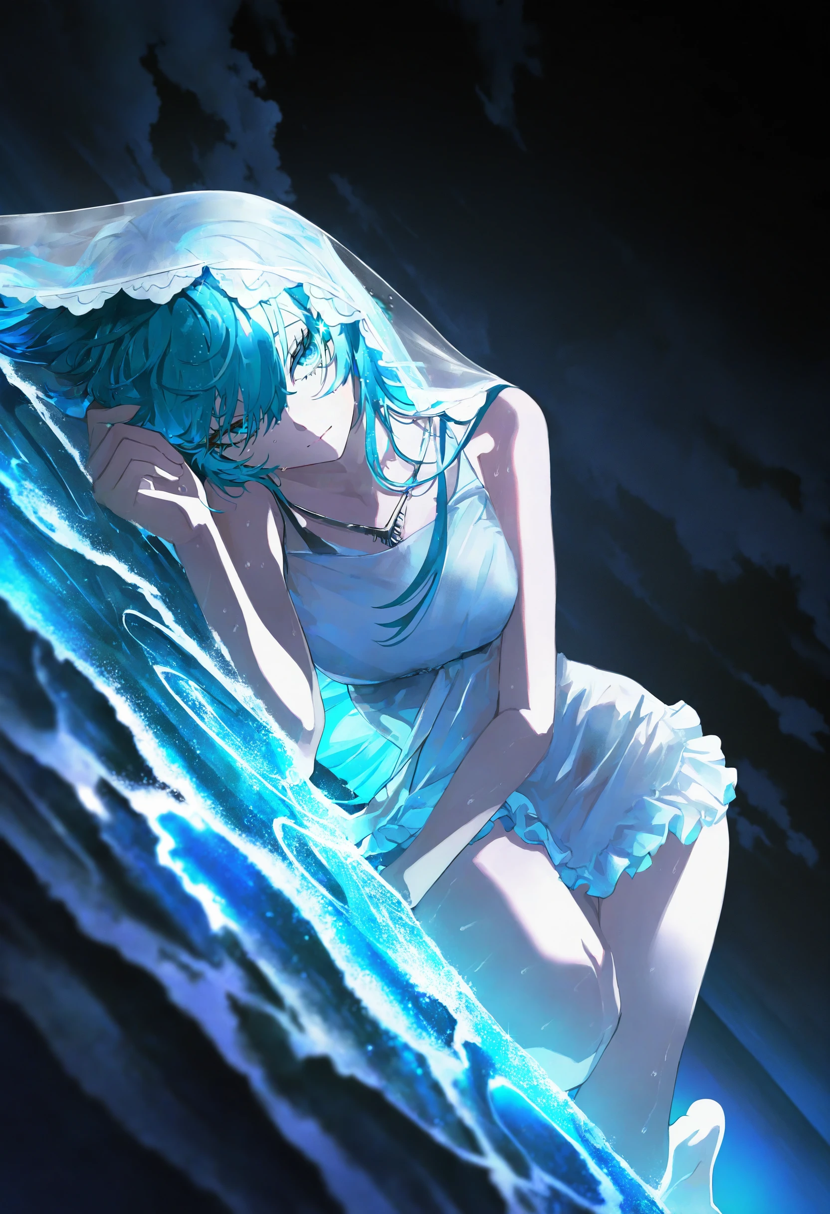 hatsune miku, blue hair, blue eyes, hair over eyes, 1girl, artist:[john kafka|yoneyama mai|lam \(ramdayo\)|quasarcake|wanke],
bioluminescence, phytoplankton,  bare arms, bare legs, bare shoulders, barefoot, beach, blue theme, closed mouth, dark, depth of field, dutch angle, eyelashes, frills, glowing, blue glow, kneeling, long hair, medium breasts, necklace, night, ocean, sea sparkle, see-through, shore, sleeveless dress, solo, veil, waves,
loose hair strand, close-up, on side, close-up, storm cloud, dark, rain, wet hair, 
negative space, muted color,
masterpiece, best quality, very aesthetic, absurdres
<lora:noobai_vpred_1_masterpieces_v23:1>