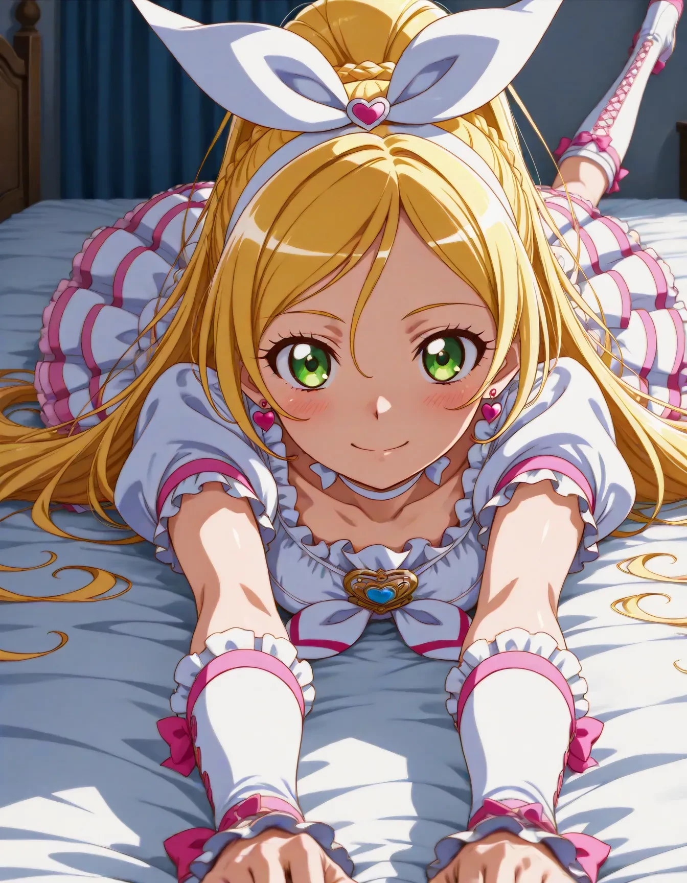 1girl,<lora:dmd2_sdxl_4step:1>,official style,masterpiece,best quality,newest,absurdres,highres,very awa,Anime,anime coloring,anime screencap,<lora:cure_rhythm_V1:1>,cure rhythm,solo,blonde hair,ponytail,very long hair,braid,eyelashes,green eyes,white dress,puffy short sleeves,frilled sleeves,white choker,ribbon choker,brooch,white neckwear,heart earrings,hair bow,white bow,white hairband,wrist cuffs,arm warmers,hair ornament,pink bow,white skirt,frilled skirt,layered skirt,knee boots,white footwear,cross-laced footwear,smile,blush,bedroom,on stomach,outstretched_arms,