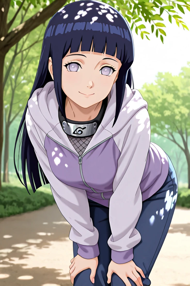 1girl,solo,looking at viewer,smile,Hinata Hyuga,long hair,blunt bangs,dark blue hair,light eyes,forehead protector,konohagakure symbol,purple and white hooded jacket,fishnets,blue pants,(leaning forward,hands on legs,outdoors,dappled sunlight:1.3),(dark:1),highres,absurdres,high resolution,amazing quality,VOLUMETRIC LIGHTING, DEPTH OF FIELD