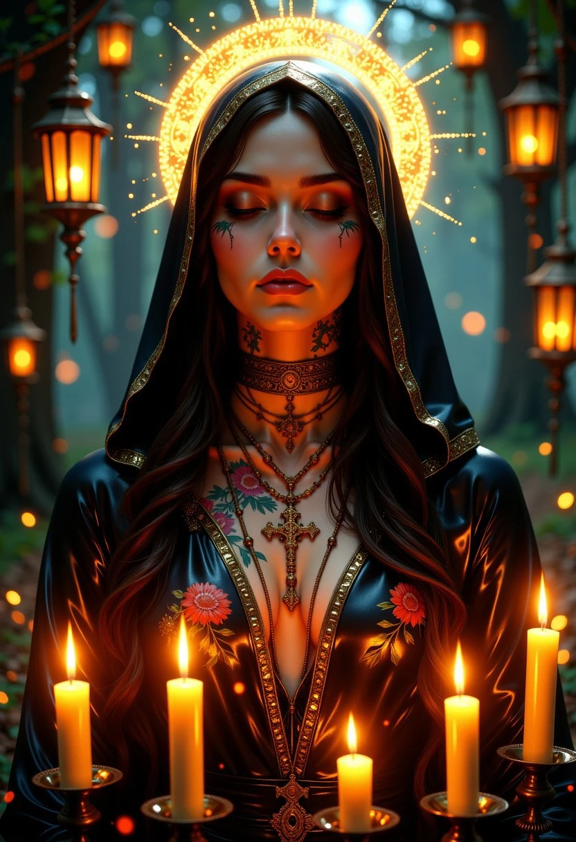 Unfazedfantasii
A mystical woman with a serene expression, eyes closed, wearing a dark hooded cloak made of glossy, slightly reflective fabric. A glowing golden halo hovers above her head, radiating a soft, ethereal light. Her face is illuminated by the warm glow of several ornate candles surrounding her, their wax dripping elegantly. She has an intricate floral tattoo covering her neck, and multiple layered necklaces with gothic crosses. The background is a dimly lit forest with hanging lanterns, casting a mystical ambiance. There are floating golden embers and fire sparks adding to the magical atmosphere. The art style is highly detailed, cinematic, and fantasy-inspired, with a focus on dramatic lighting, soft glows, and a slightly dark, mystical mood.